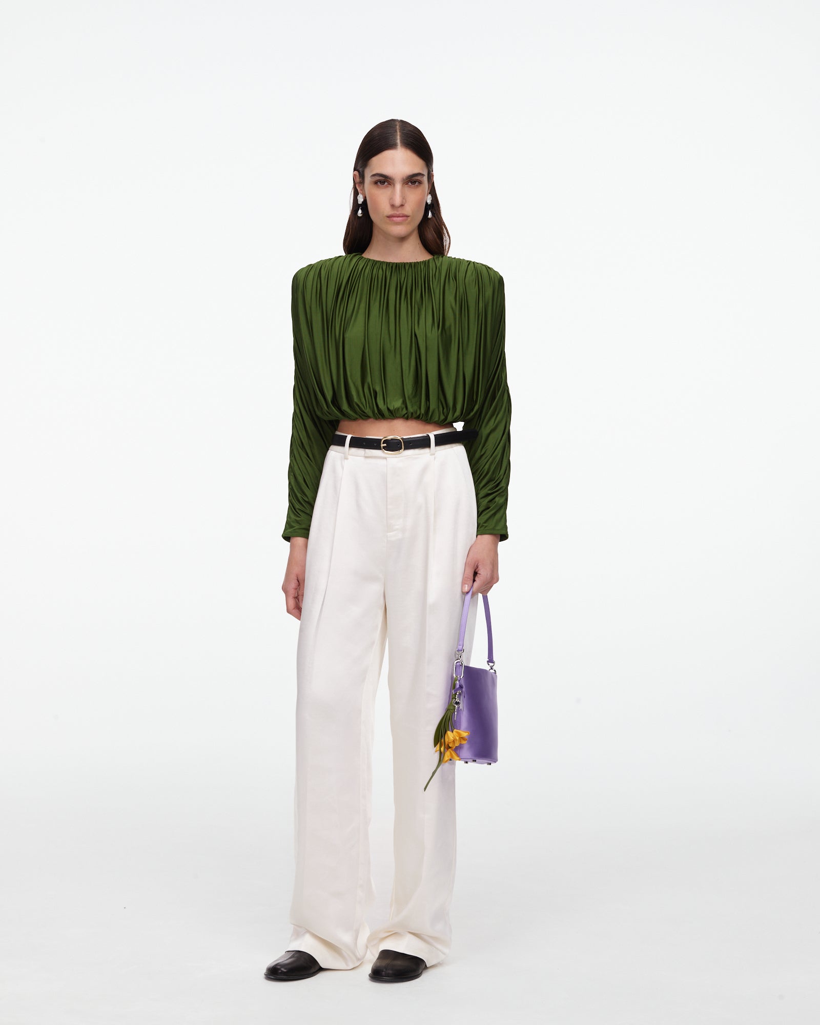 Olive Jersey Gathered Top