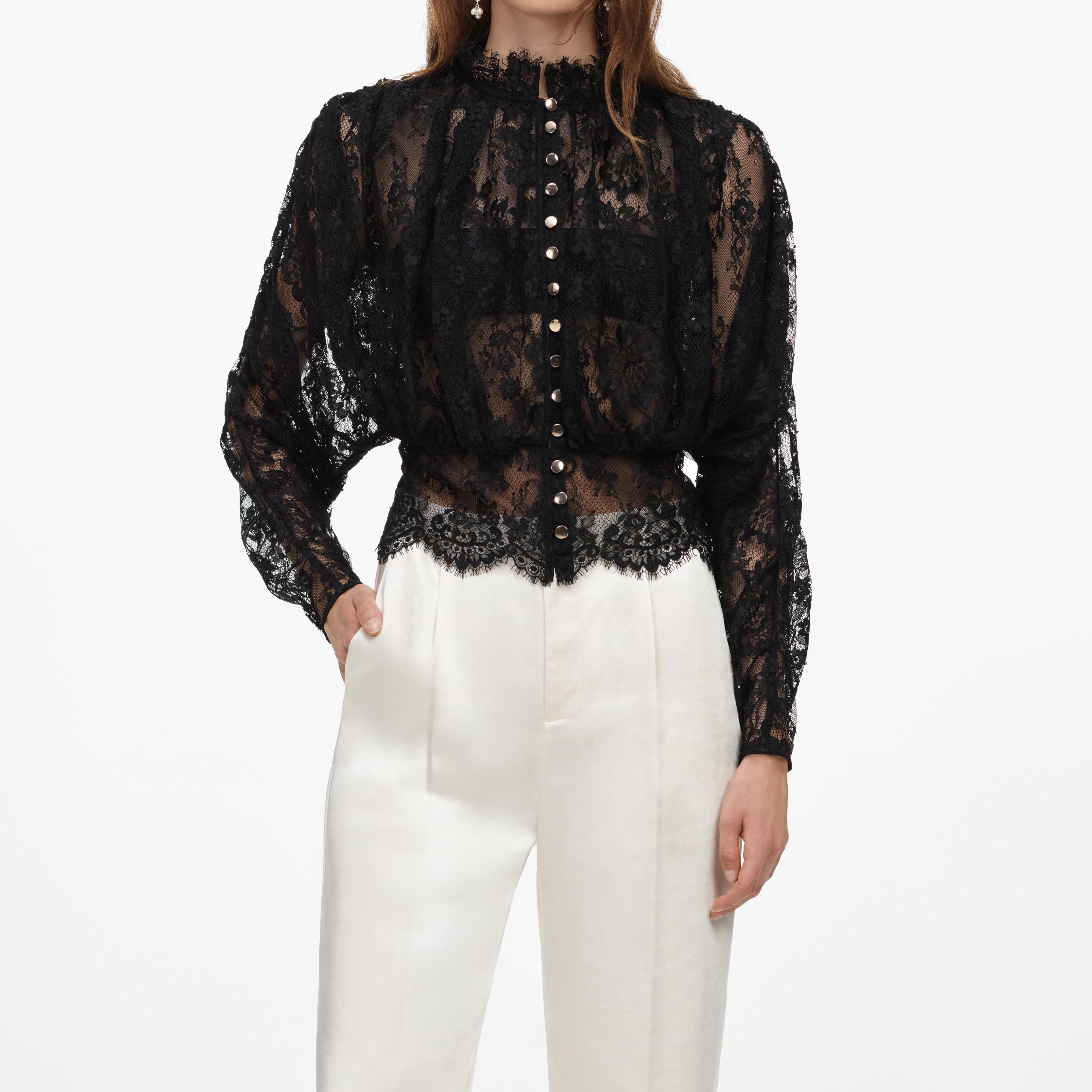 Black Lace High Neck Blouse – self-portrait