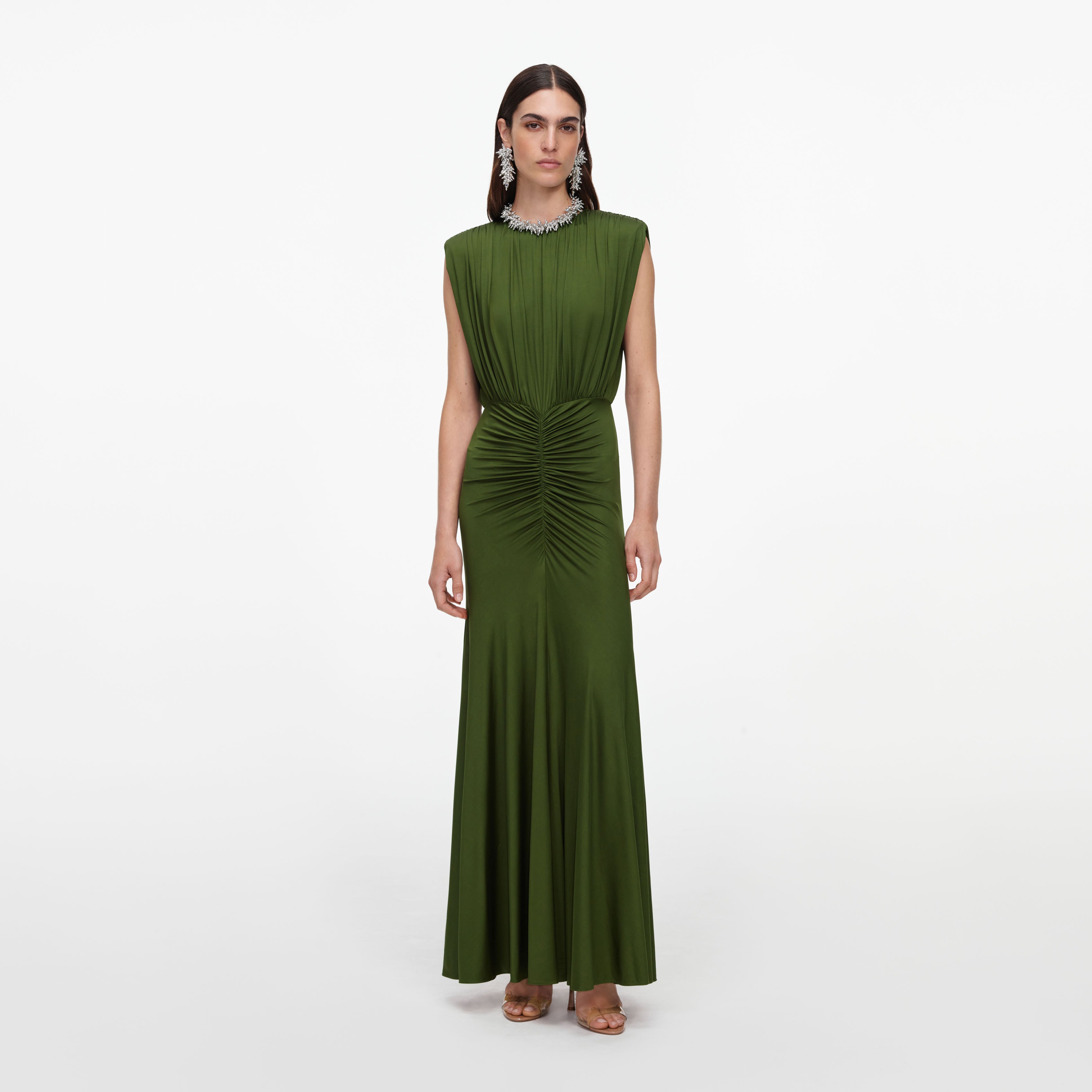 Olive Jersey Gathered Maxi Dress