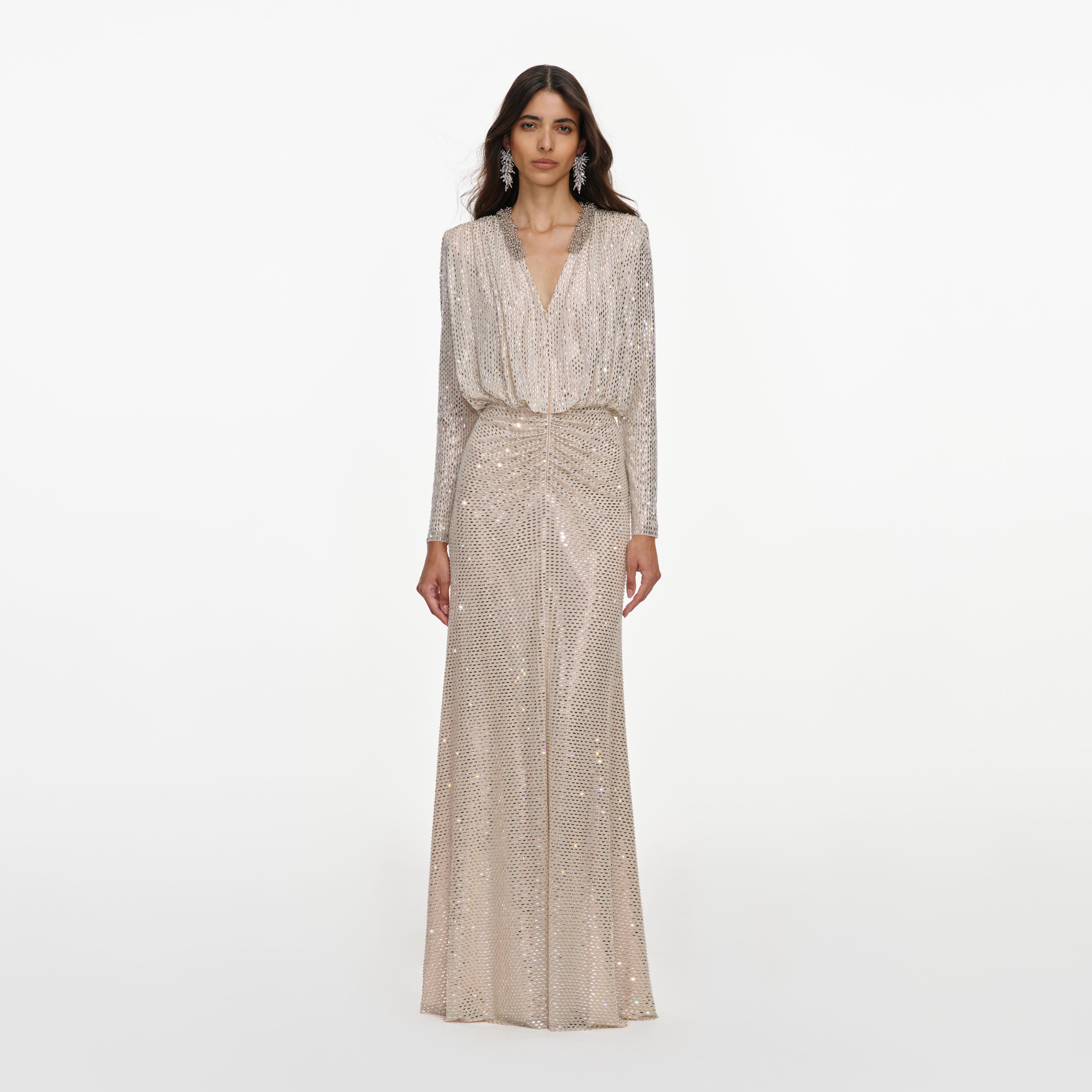 Champagne Rhinestone Embellished Maxi Dress