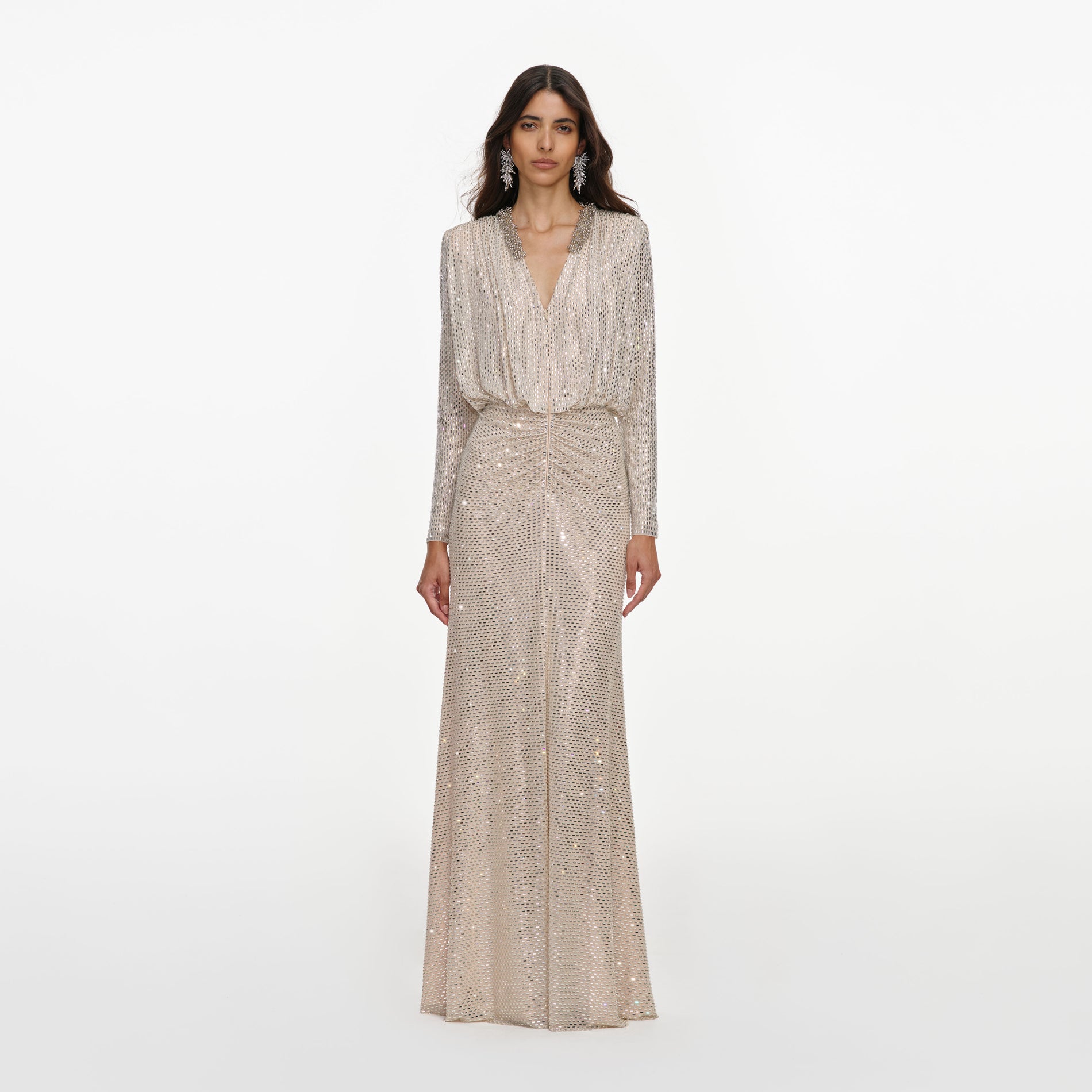 Champagne Rhinestone Embellished Maxi Dress