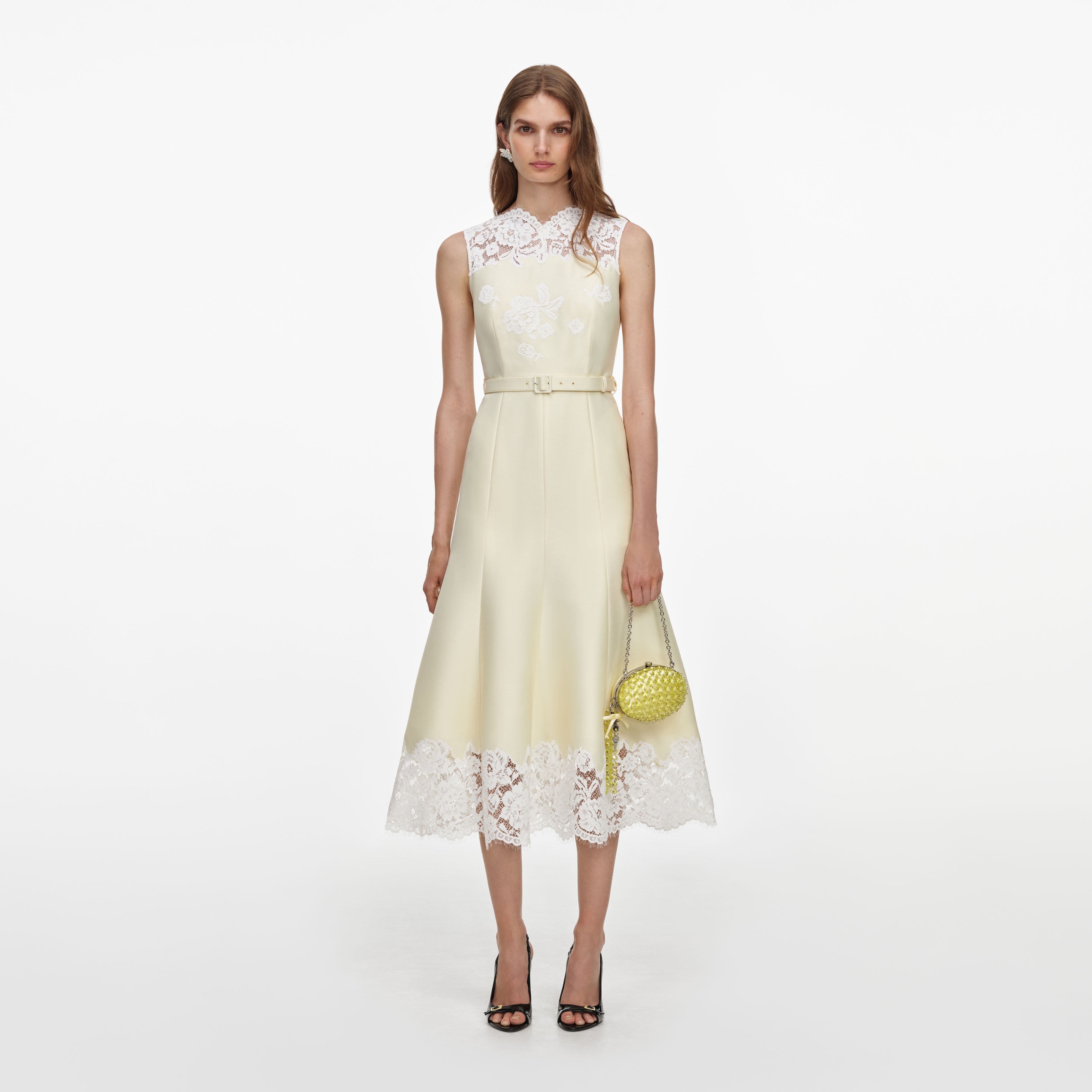 Yellow Taffeta Lace Midi Dress