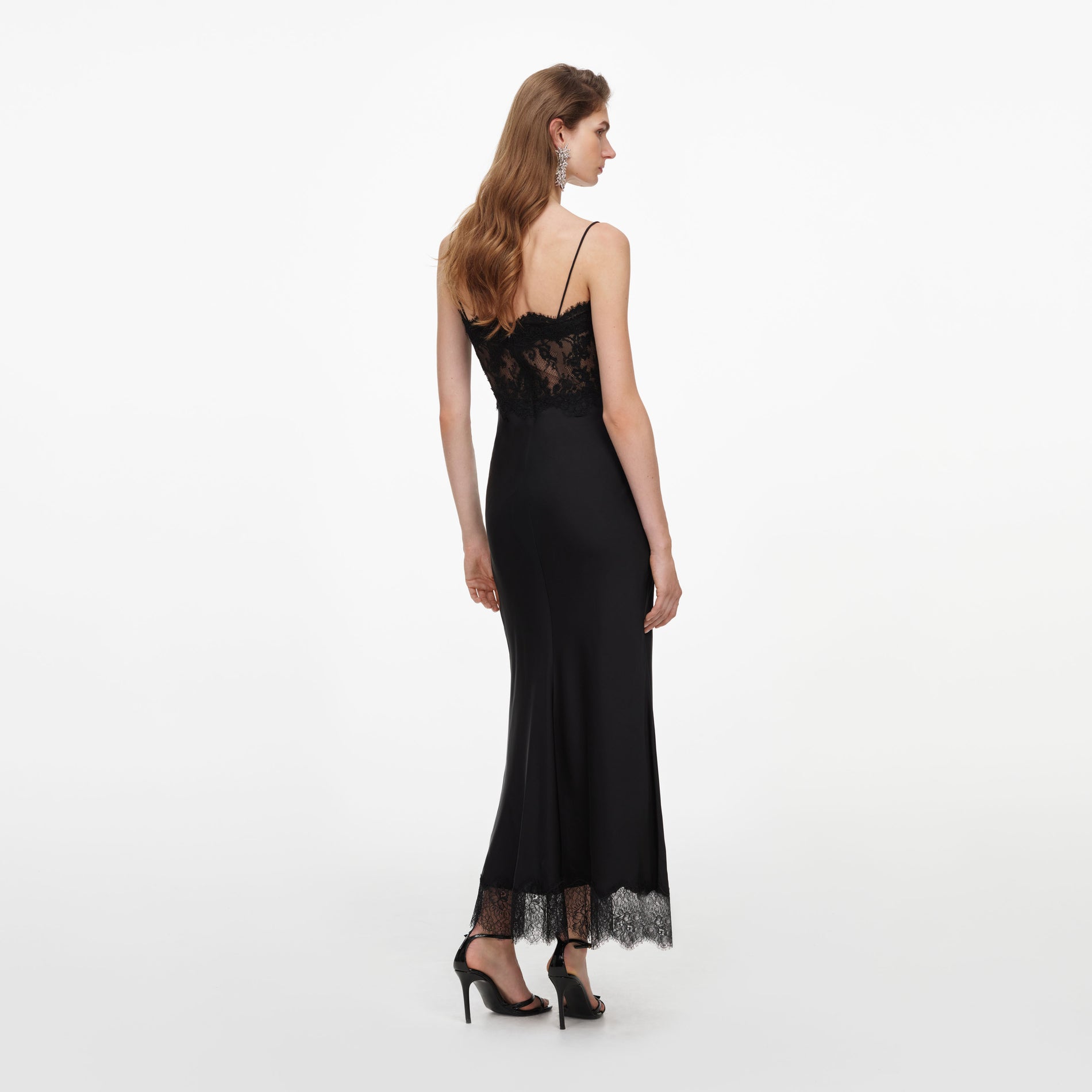 Black Satin Lace Midi Dress