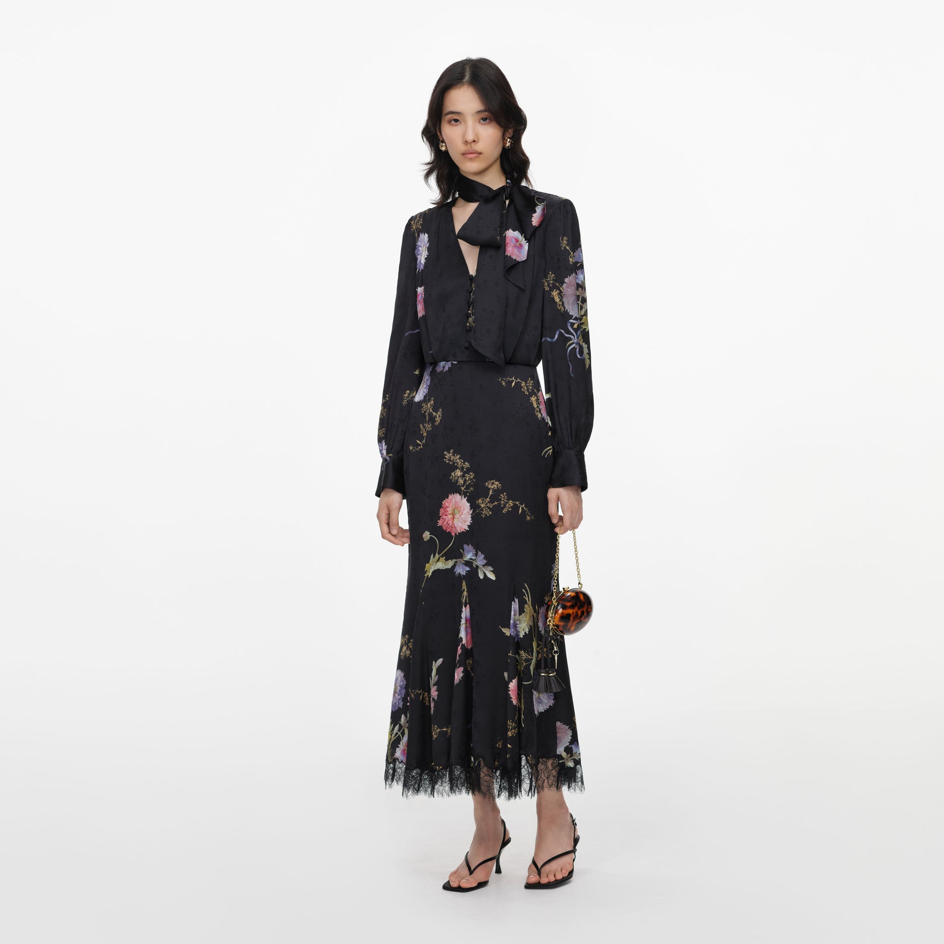 Black Satin Floral Printed Midi Dress