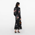 Black Satin Floral Printed Midi Dress