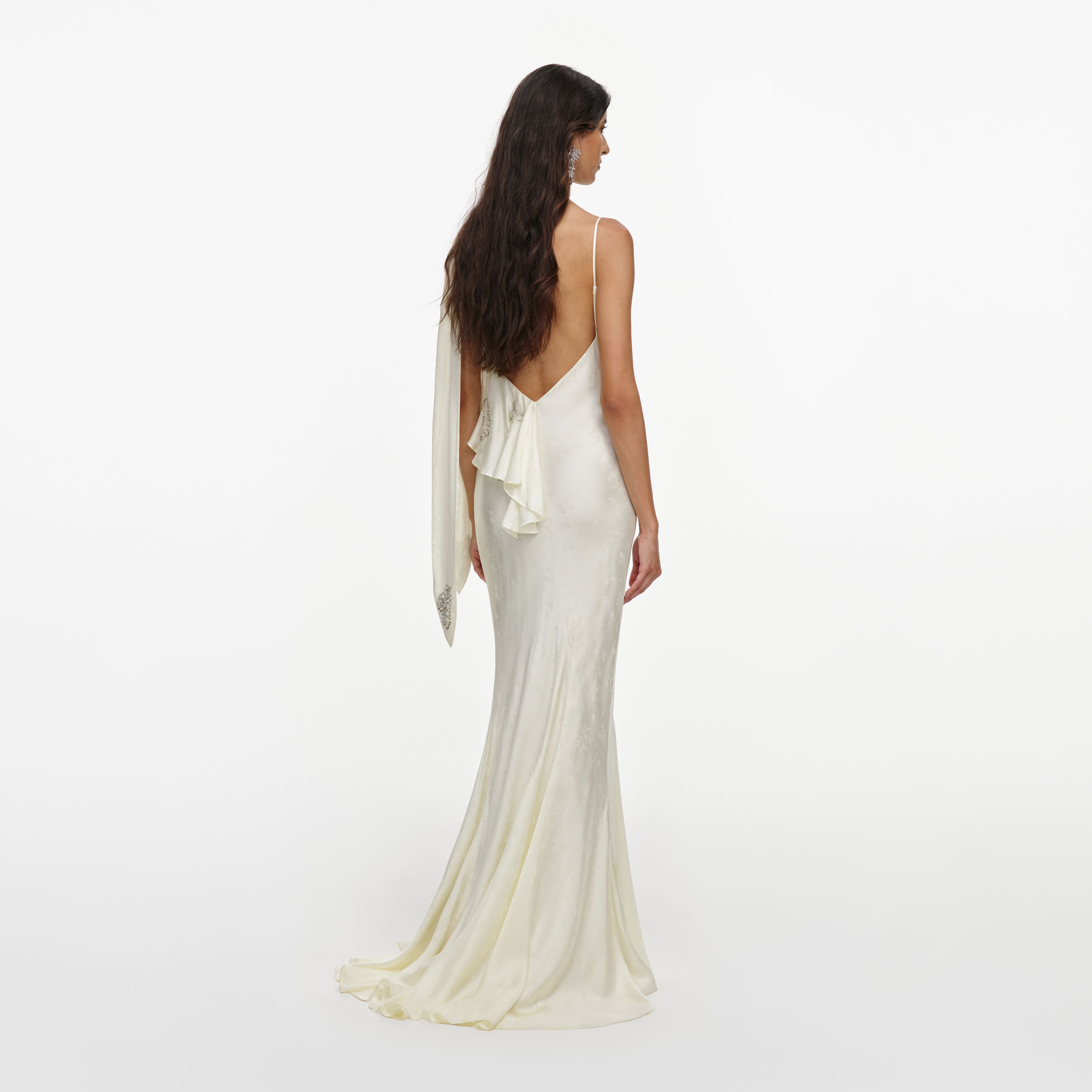 Cream Satin Jacquard Embellished Maxi Dress