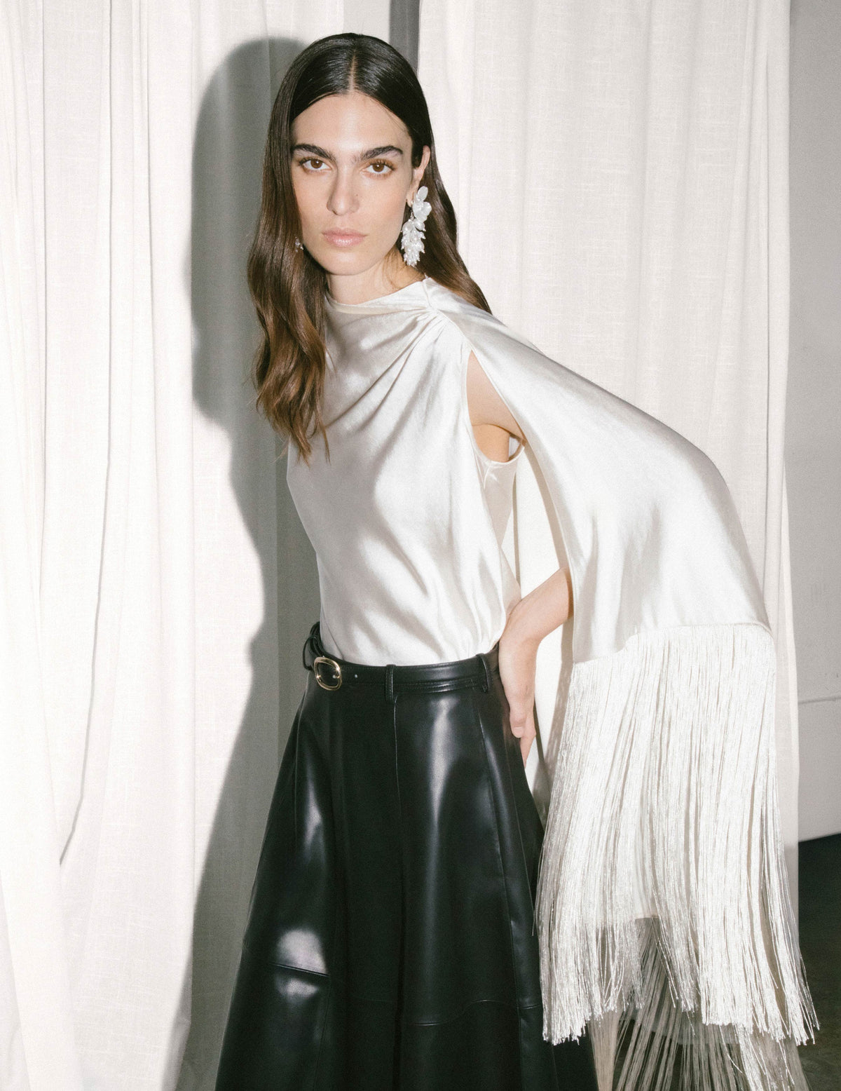 Cream Satin Fringed Scarf Top