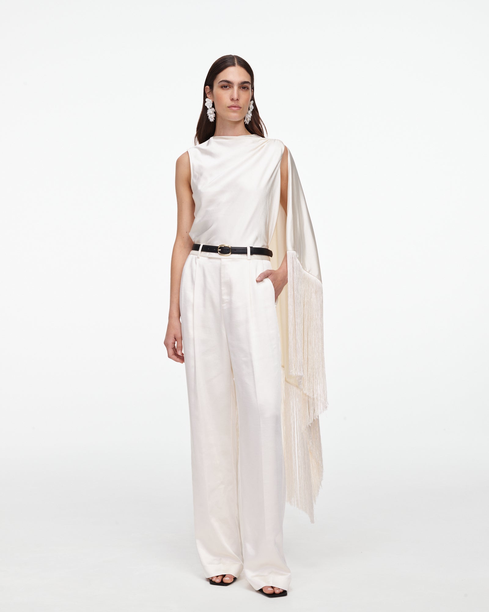 Cream Satin Fringed Scarf Top