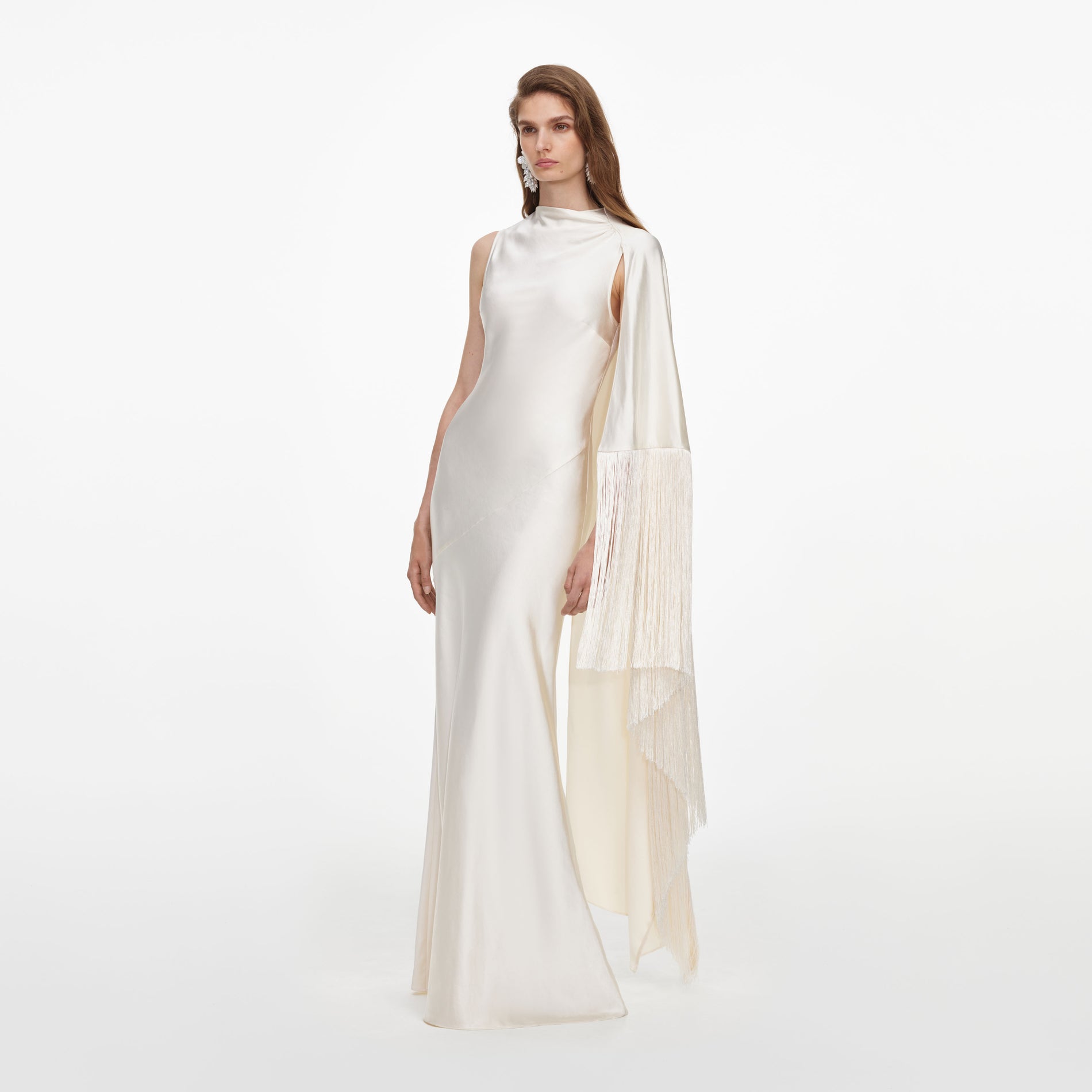 Cream Satin Fringed Maxi Dress