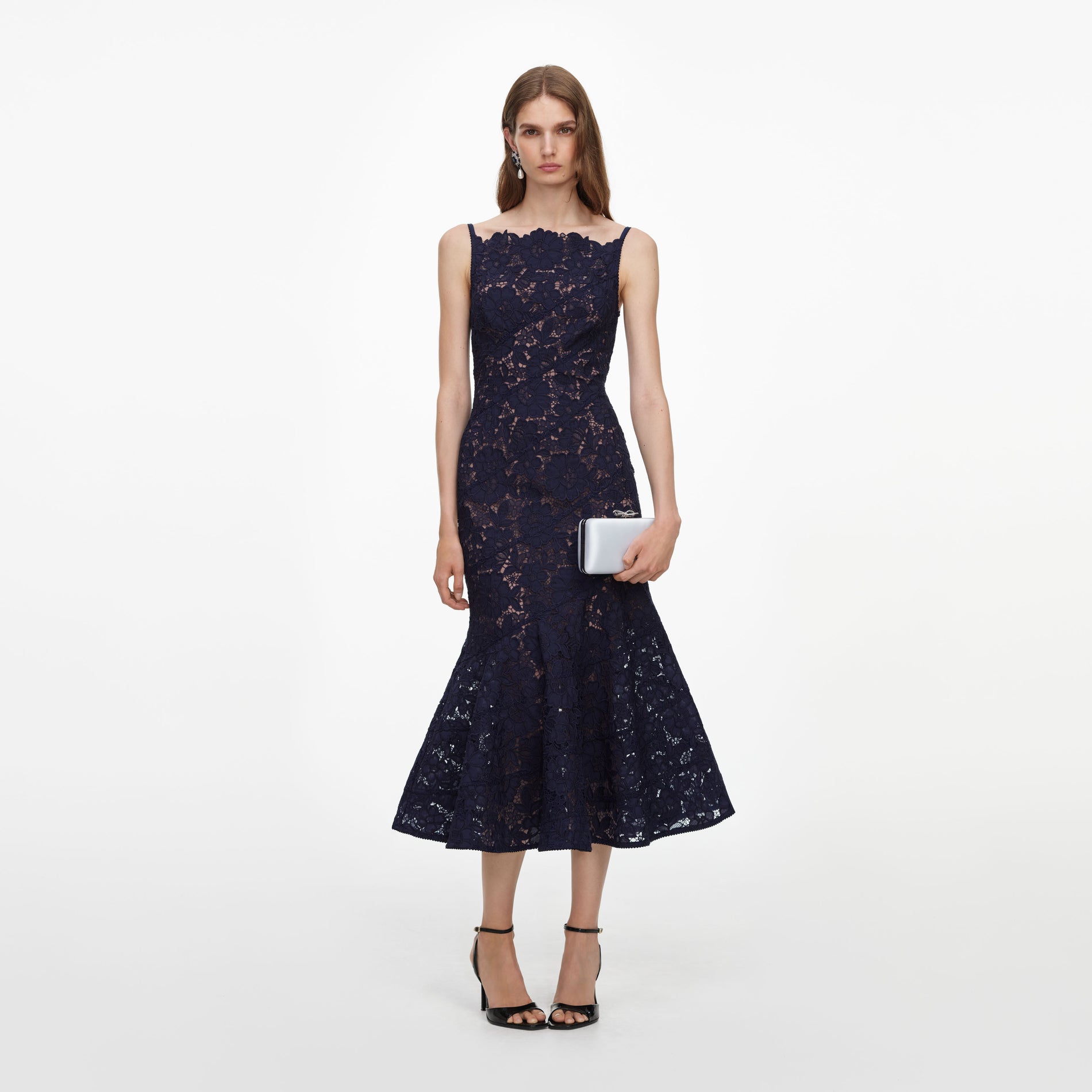Navy Spiral Lace Midi Dress
