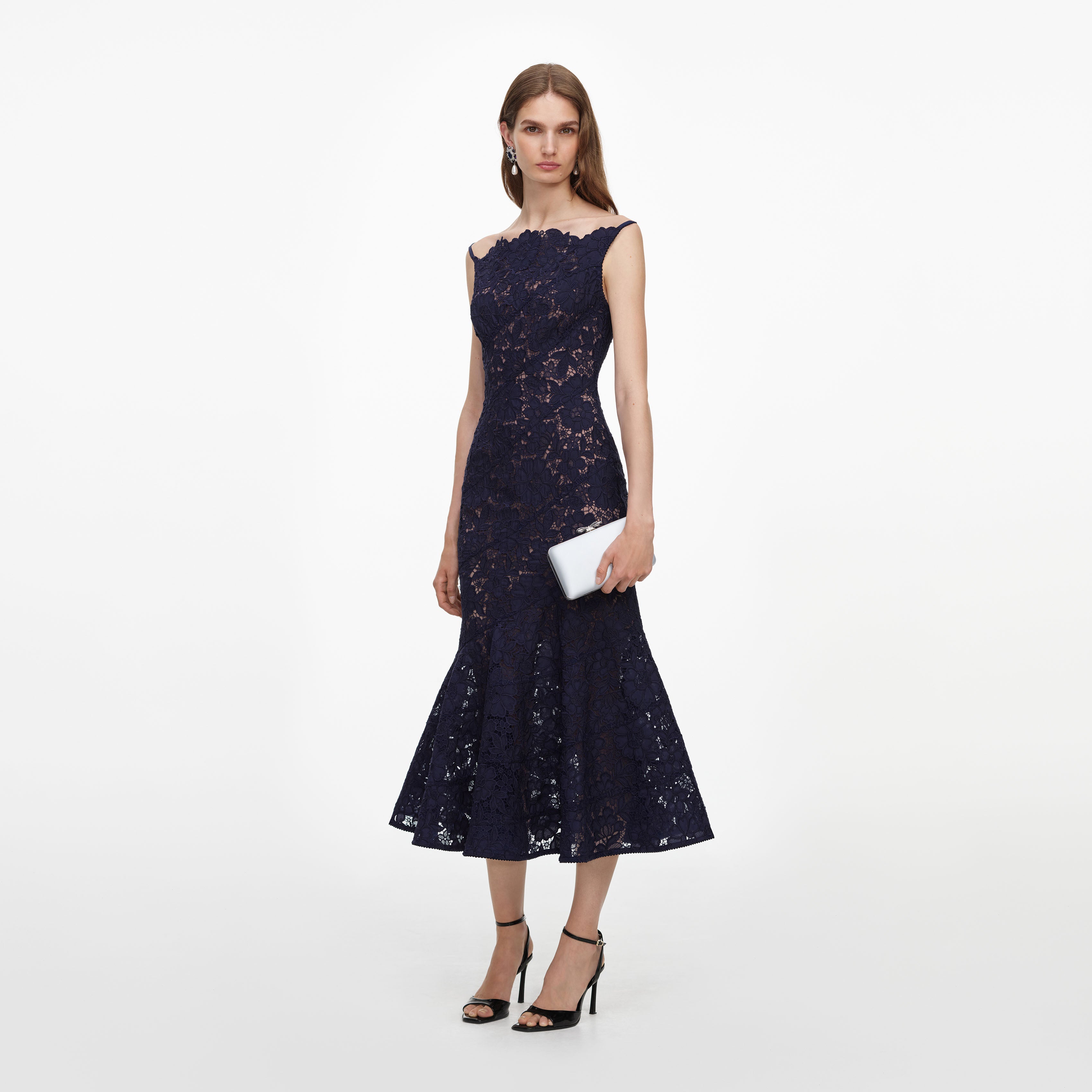 Navy Spiral Lace Midi Dress – self-portrait