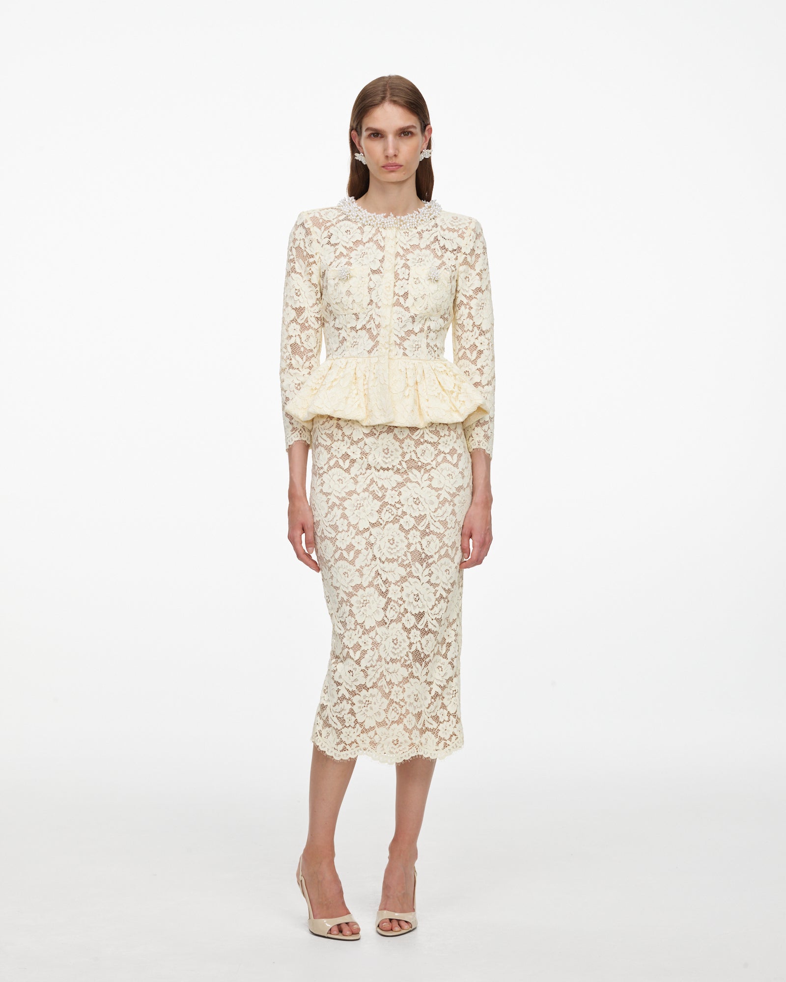 Yellow Lace Peplum Midi Dress – self-portrait