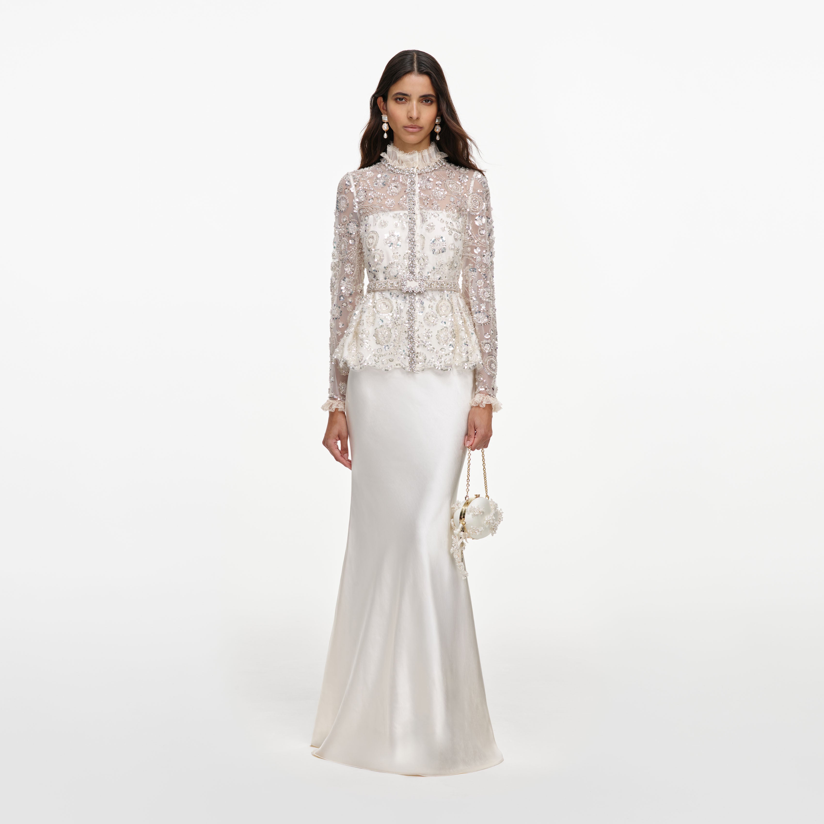 Cream Sequin Embellished Satin Maxi Dress