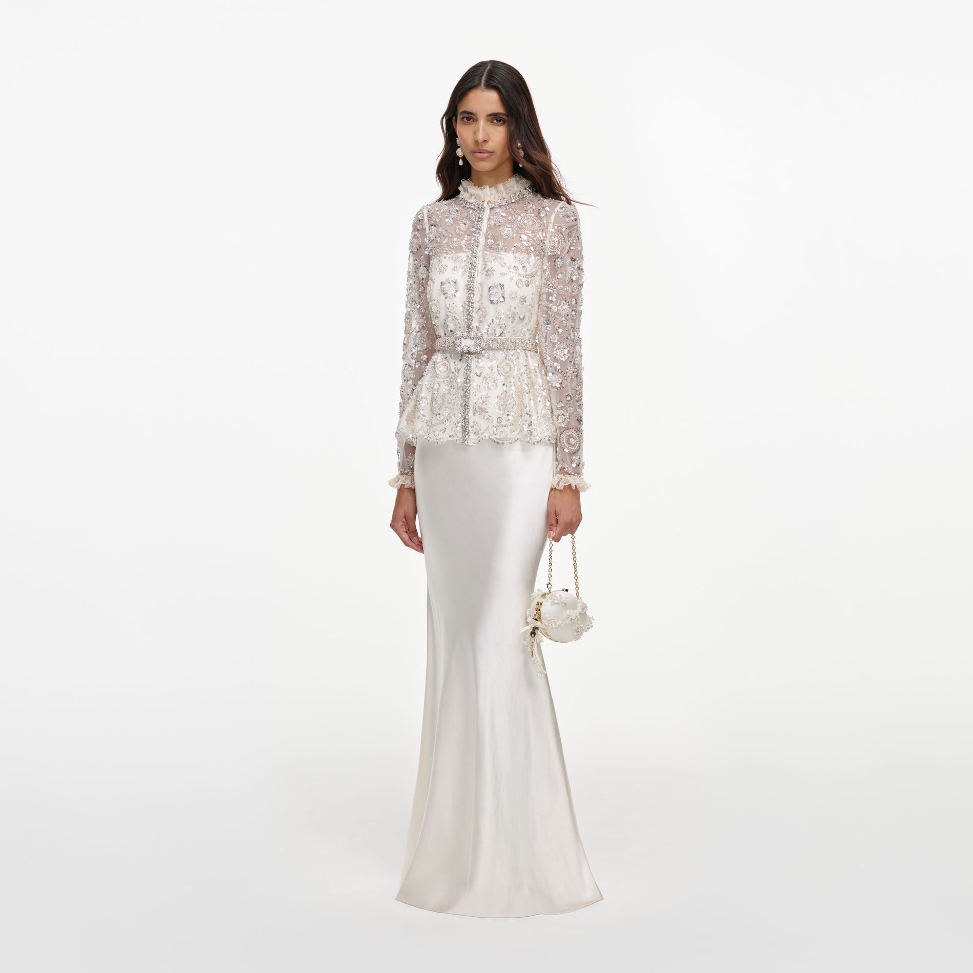 Cream Sequin Embellished Satin Maxi Dress