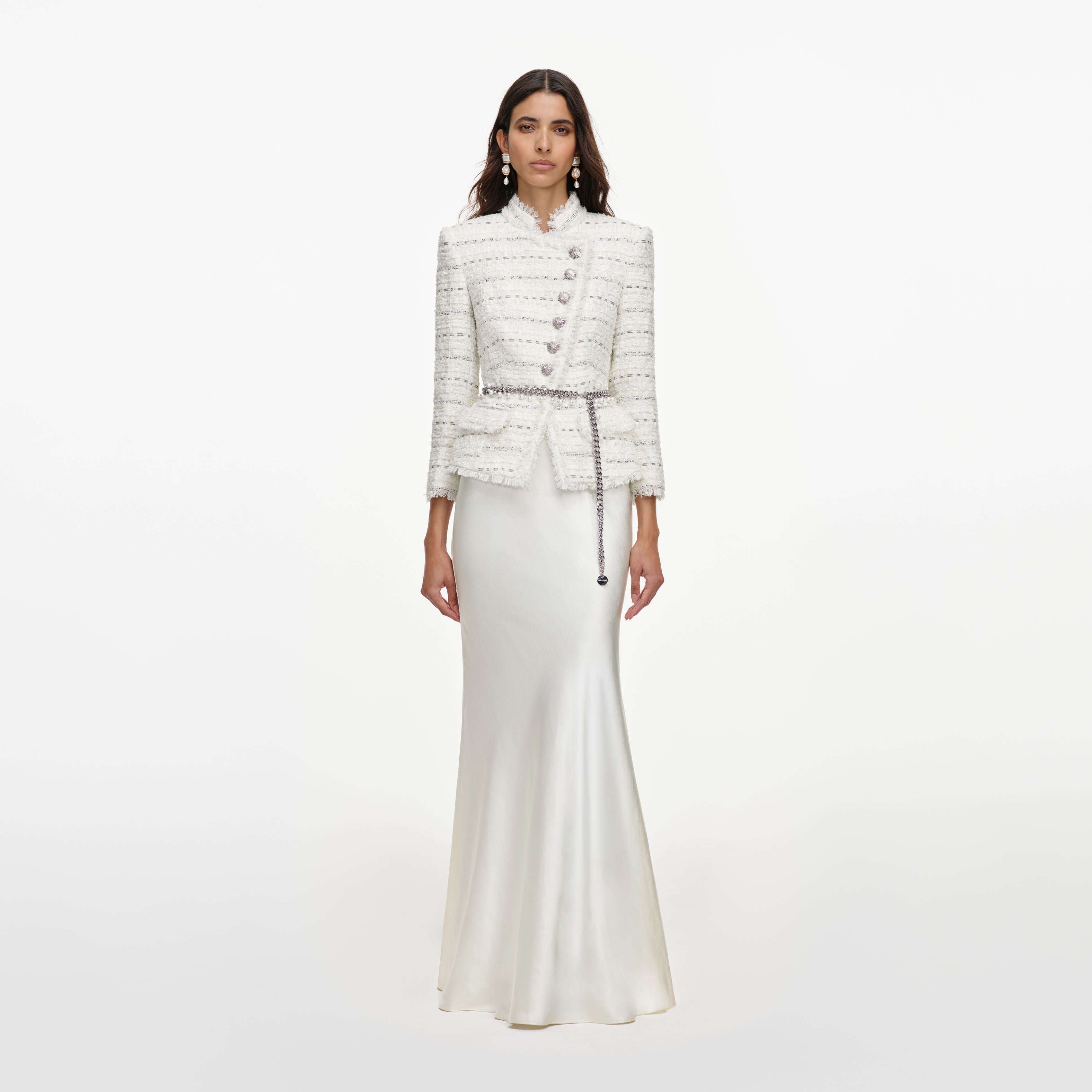 White Boucle Satin Maxi Dress