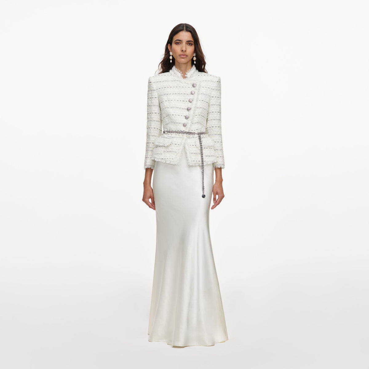 White Boucle Satin Maxi Dress