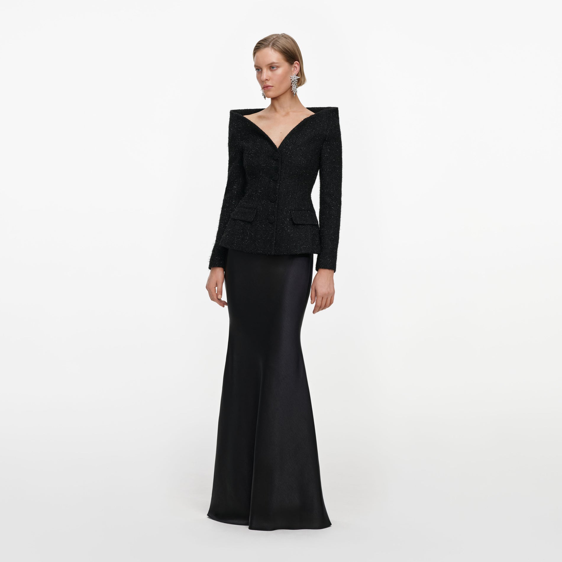 Black Metallic Boucle Satin Maxi Dress