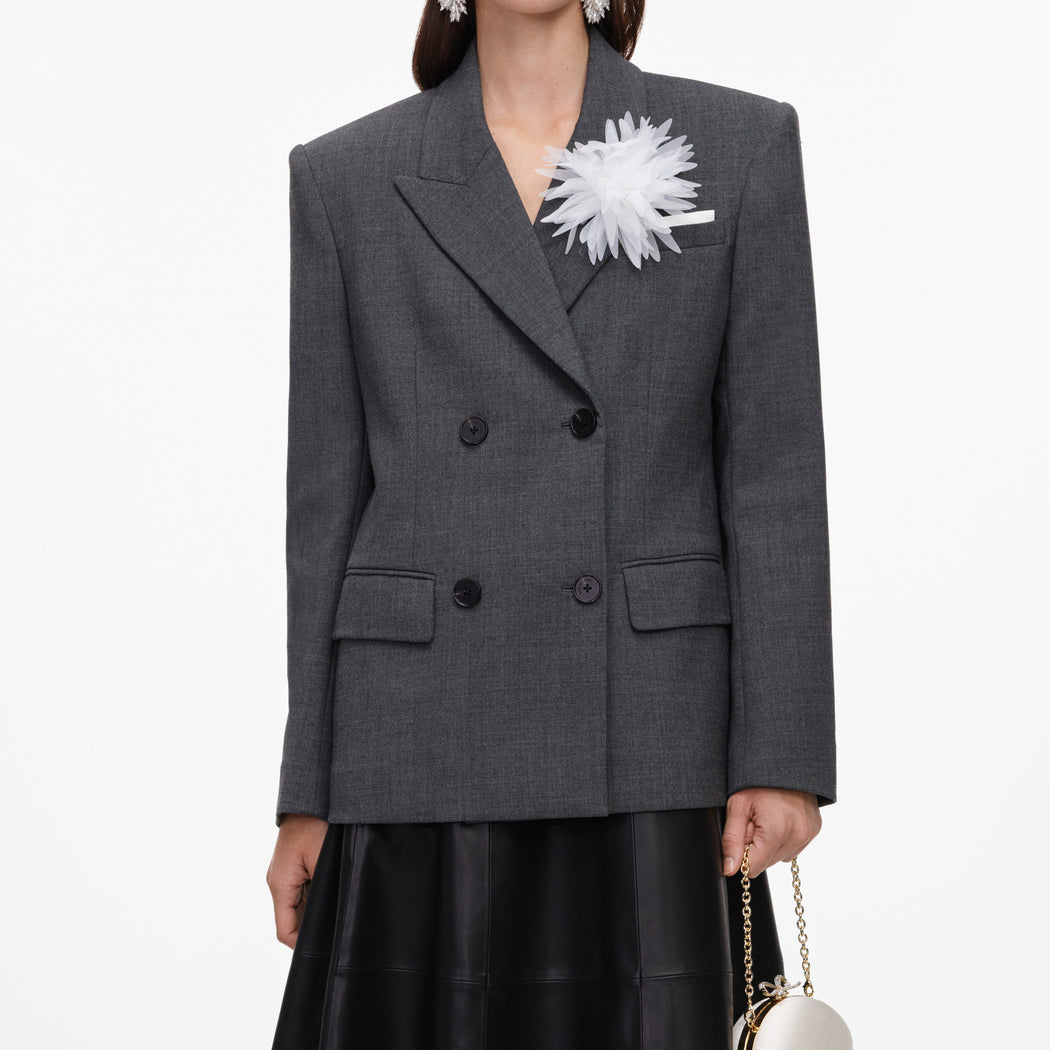 Grey Double Breasted Flower Blazer