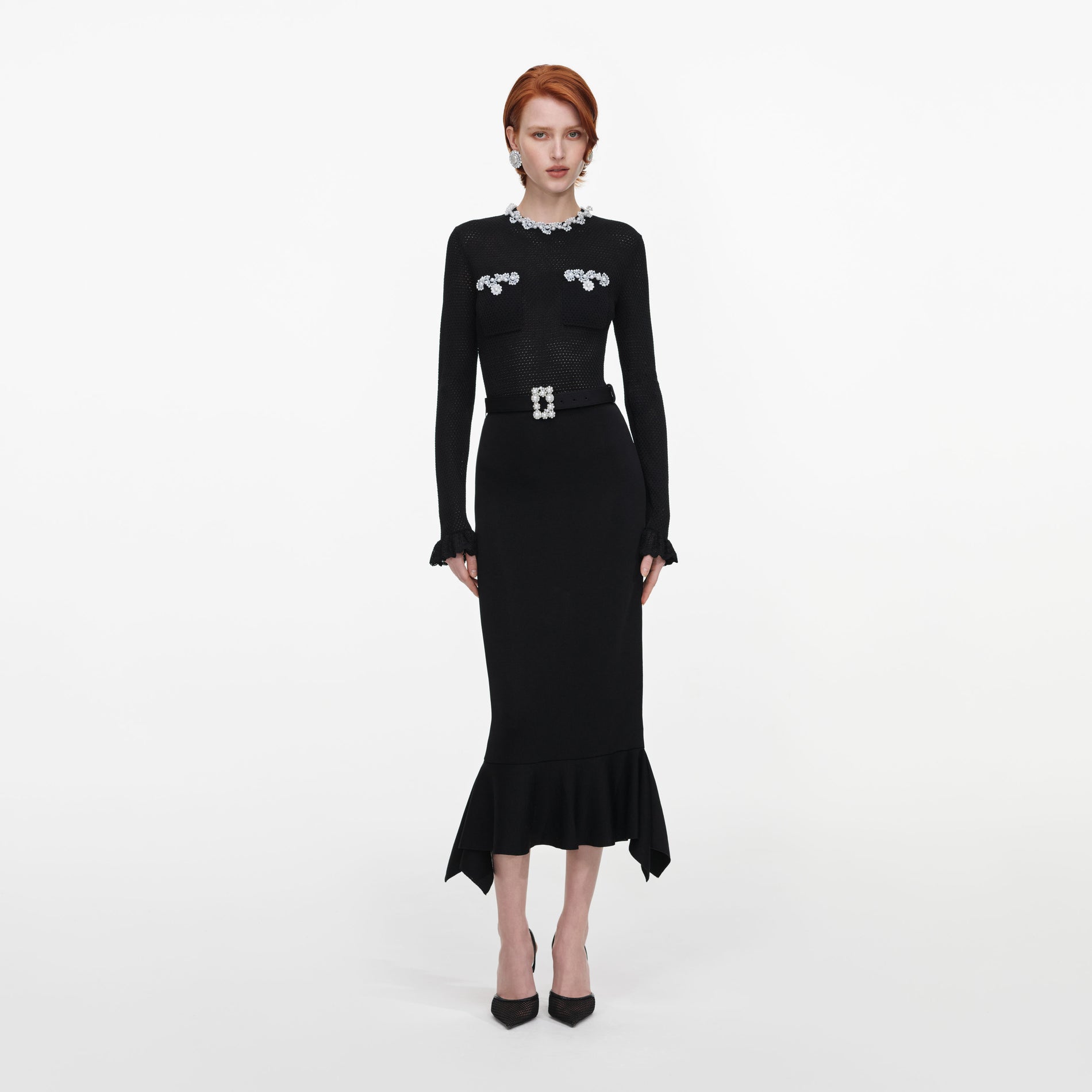 Black Pearl Trim Knit Midi Dress