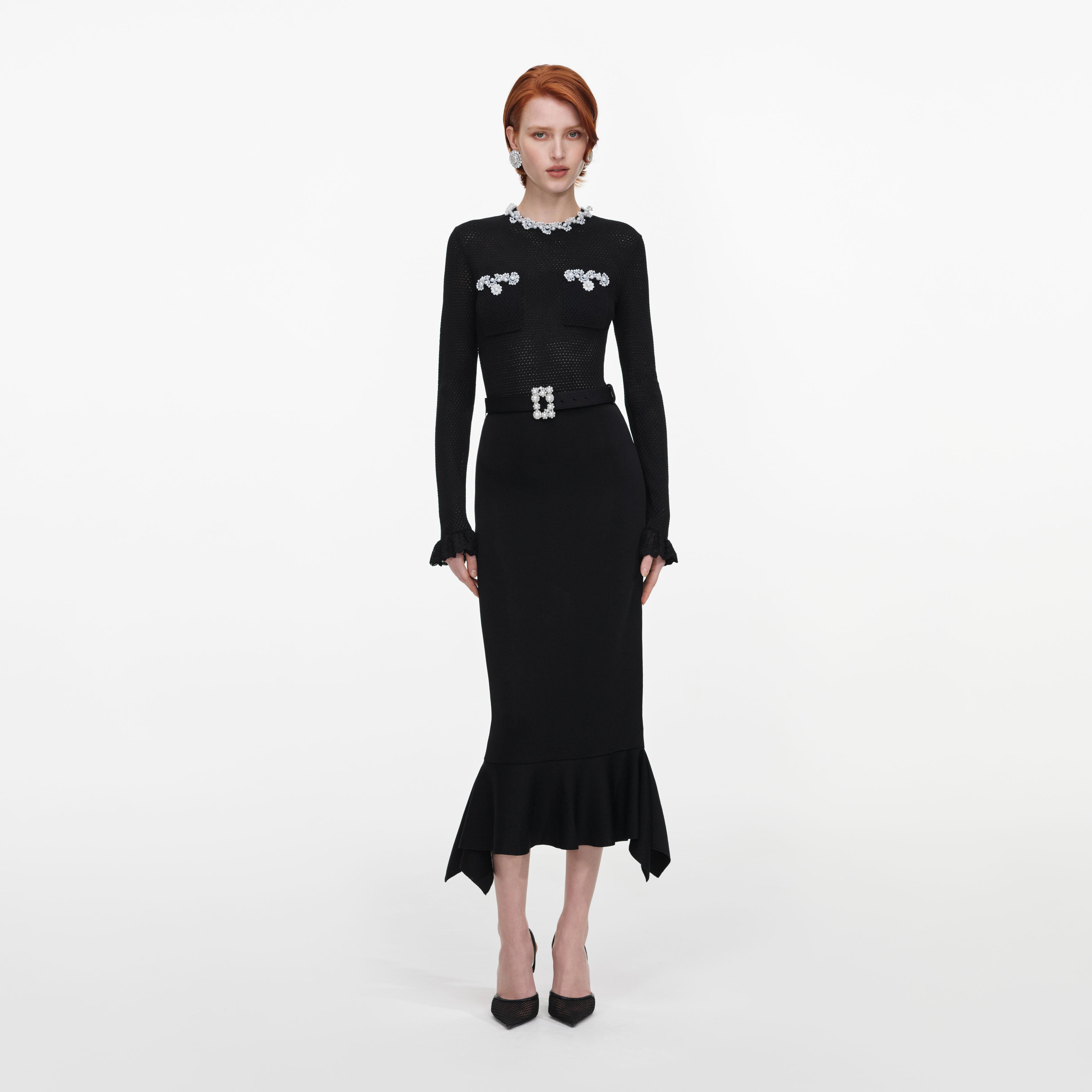 Black Pearl Trim Knit Midi Dress