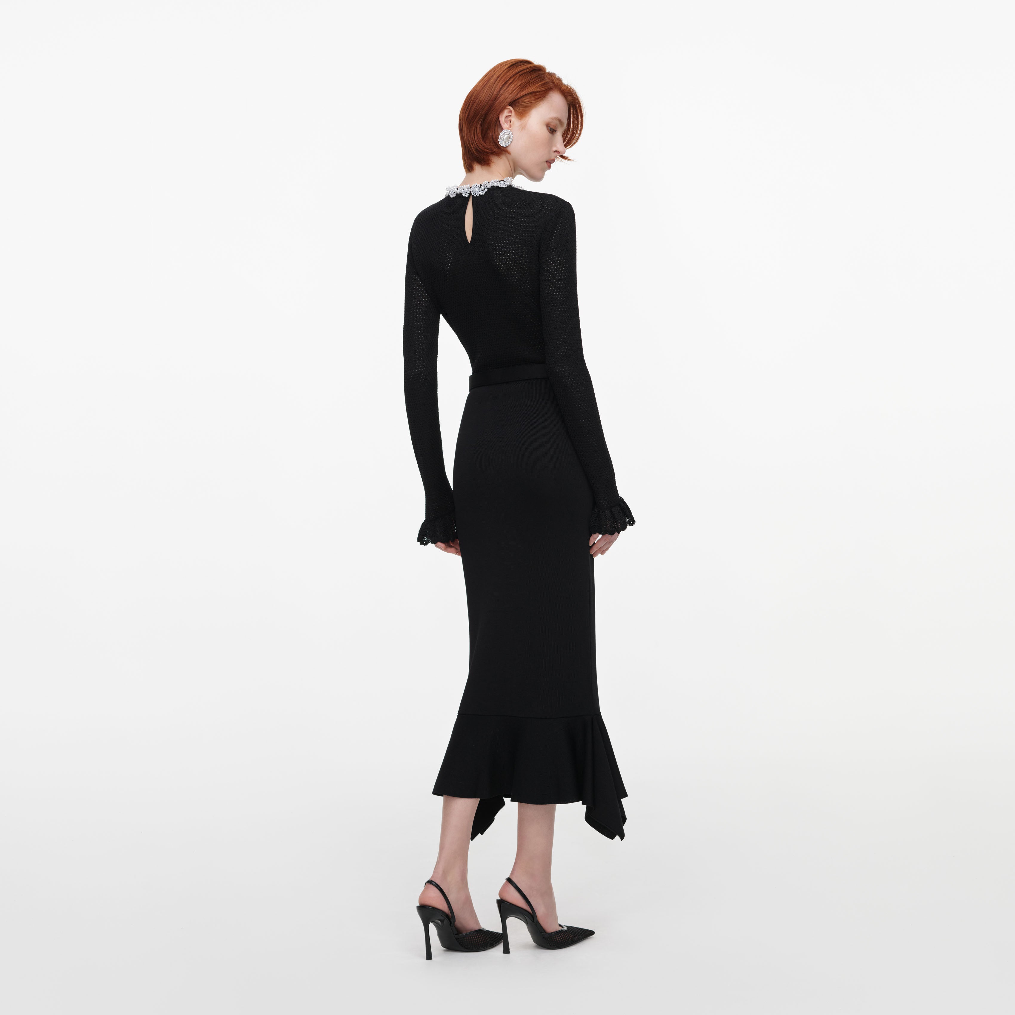 Black Pearl Trim Knit Midi Dress
