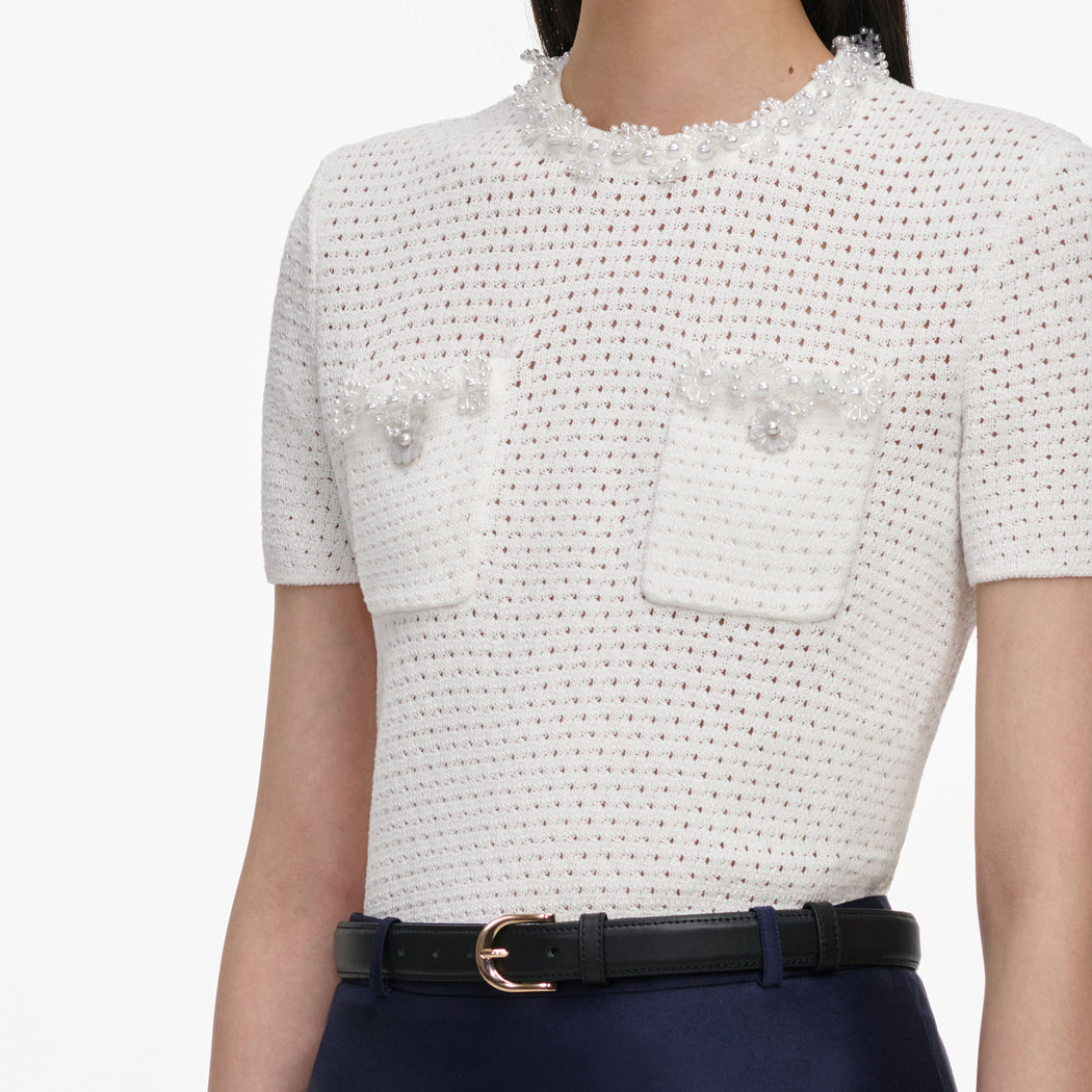 Cream Knit Pearl Trim Top