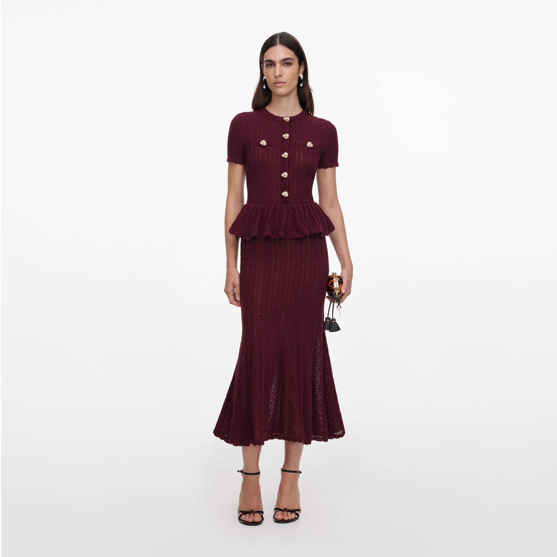 Burgundy Pointelle Peplum Knit Midi Dress