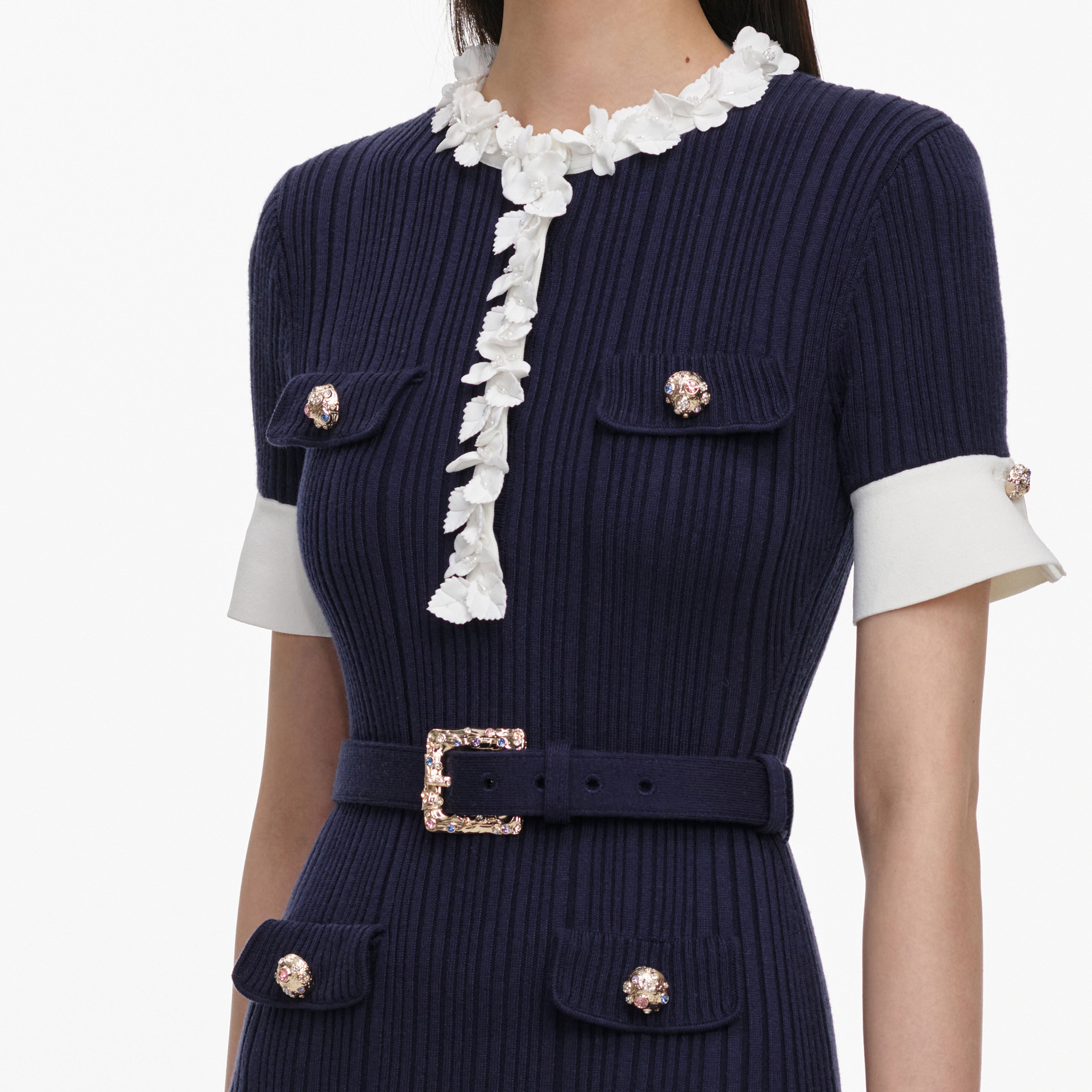 Navy Rib Knit Midi Dress – self-portrait