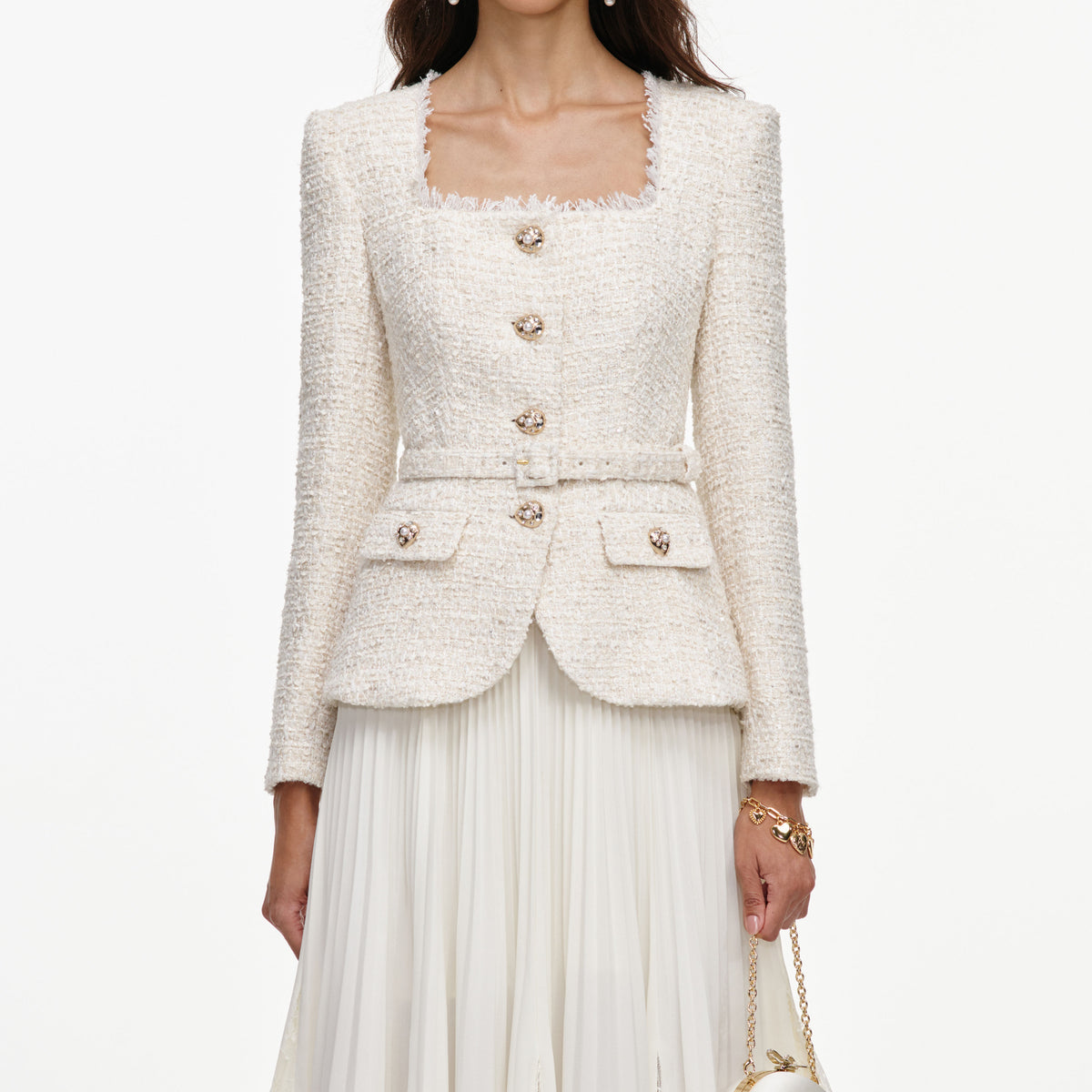 Cream Tailored Boucle And Chiffon Midi Dress – self-portrait