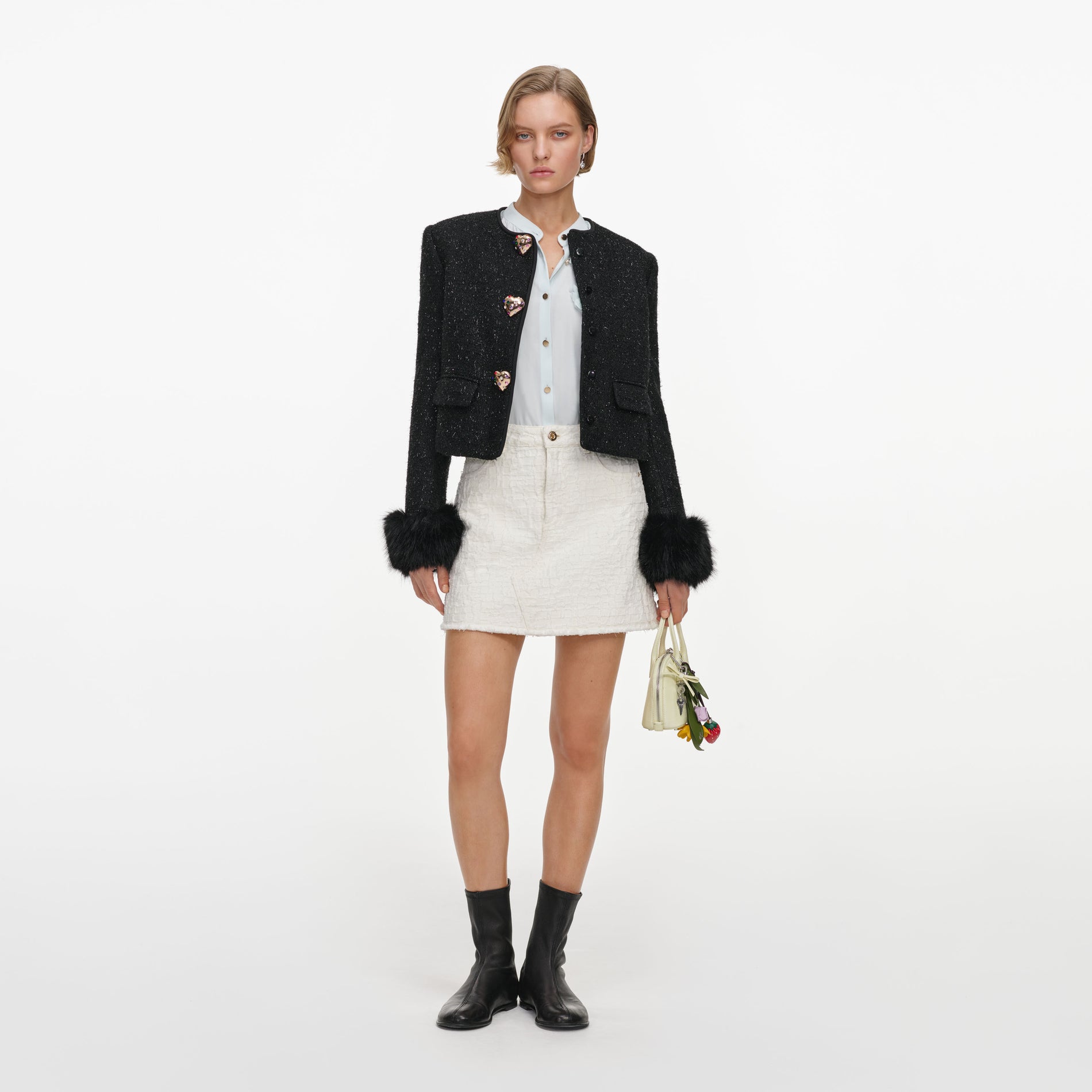 Black Metallic Boucle Fur Cuff Jacket