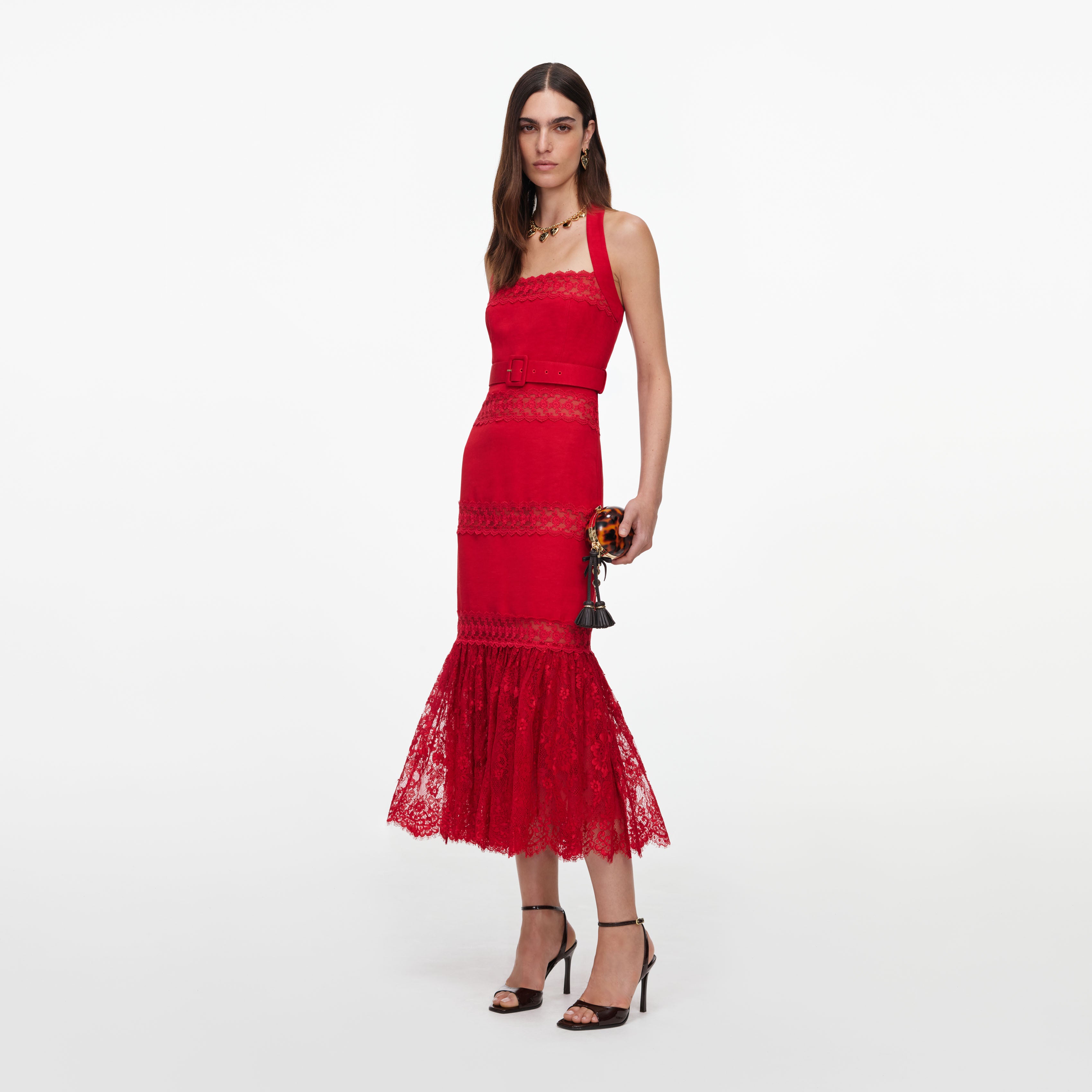 red linen midi dress Red Linen Blend Lace Midi Dress – self-portrait