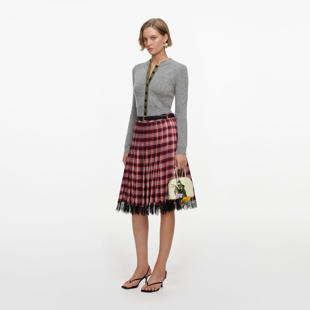Burgundy Check Chiffon Midi Skirt