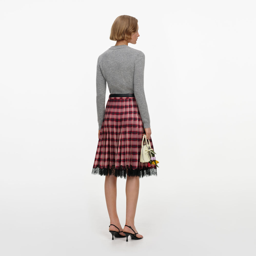 Burgundy Check Chiffon Midi Skirt