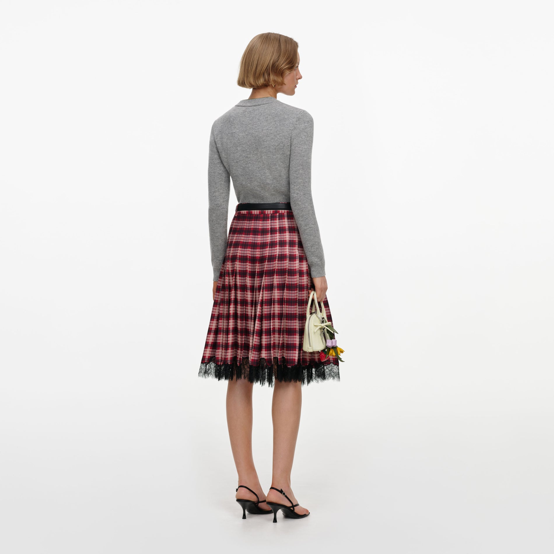 Burgundy Check Chiffon Midi Skirt