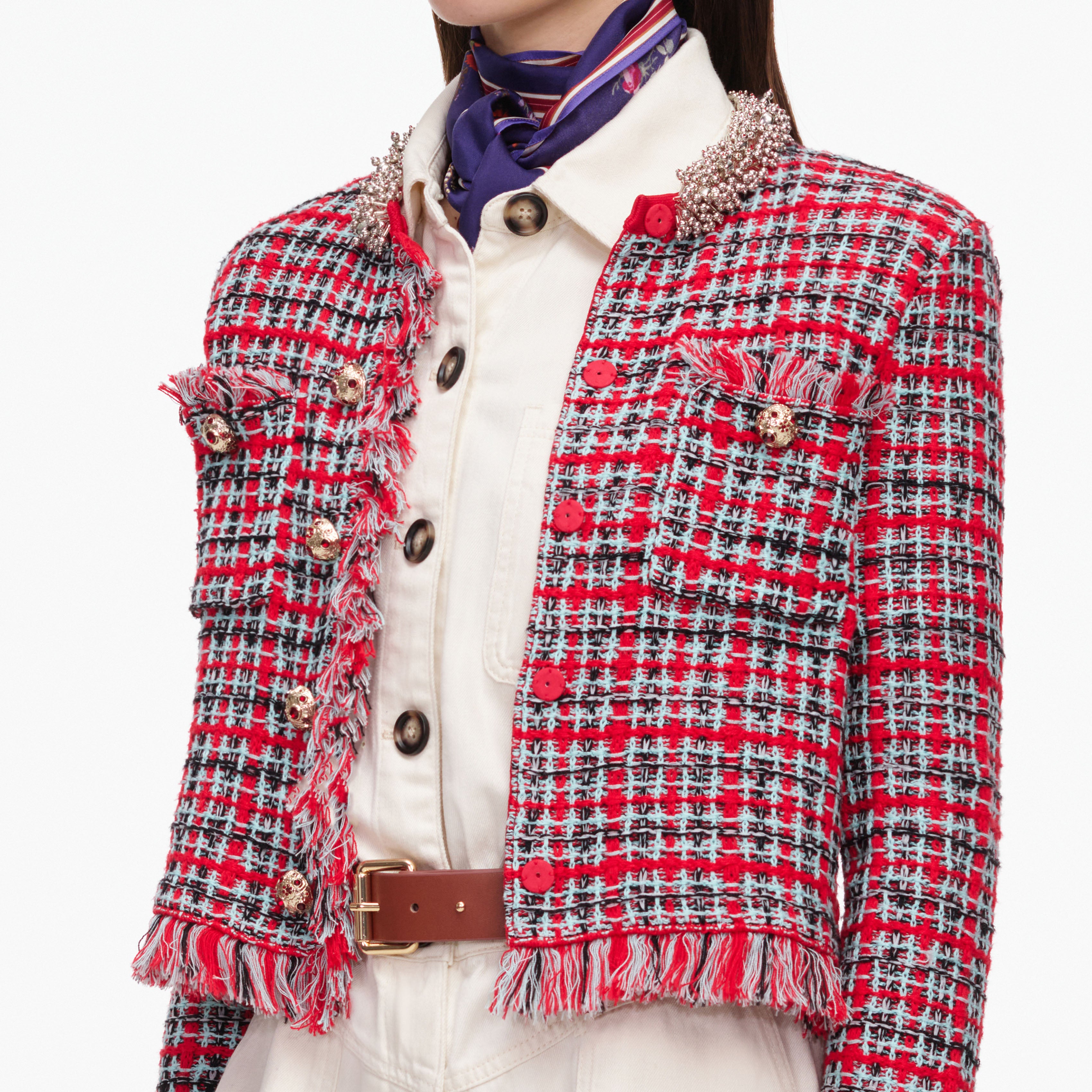 Red Check Frayed Knit Jacket