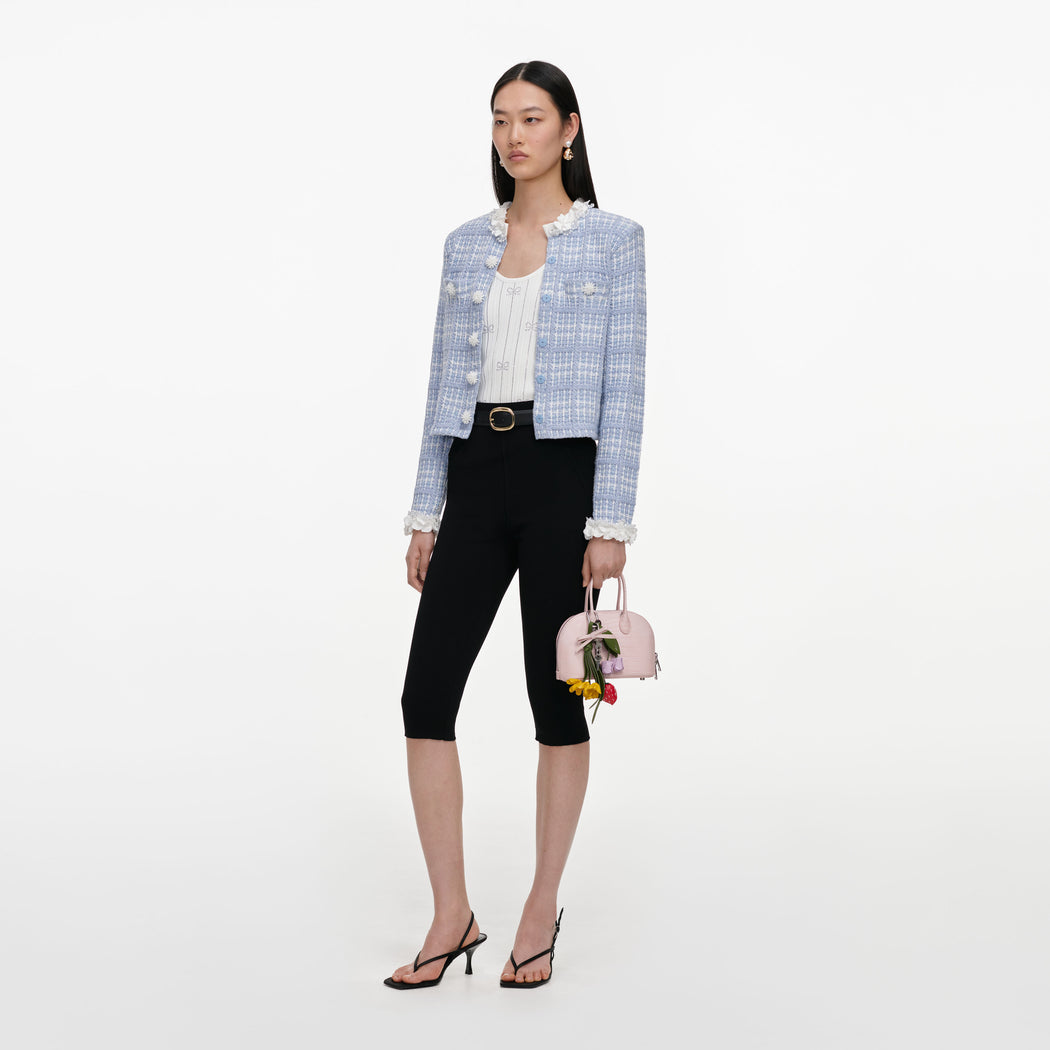 Blue Check Knit Beaded Jacket