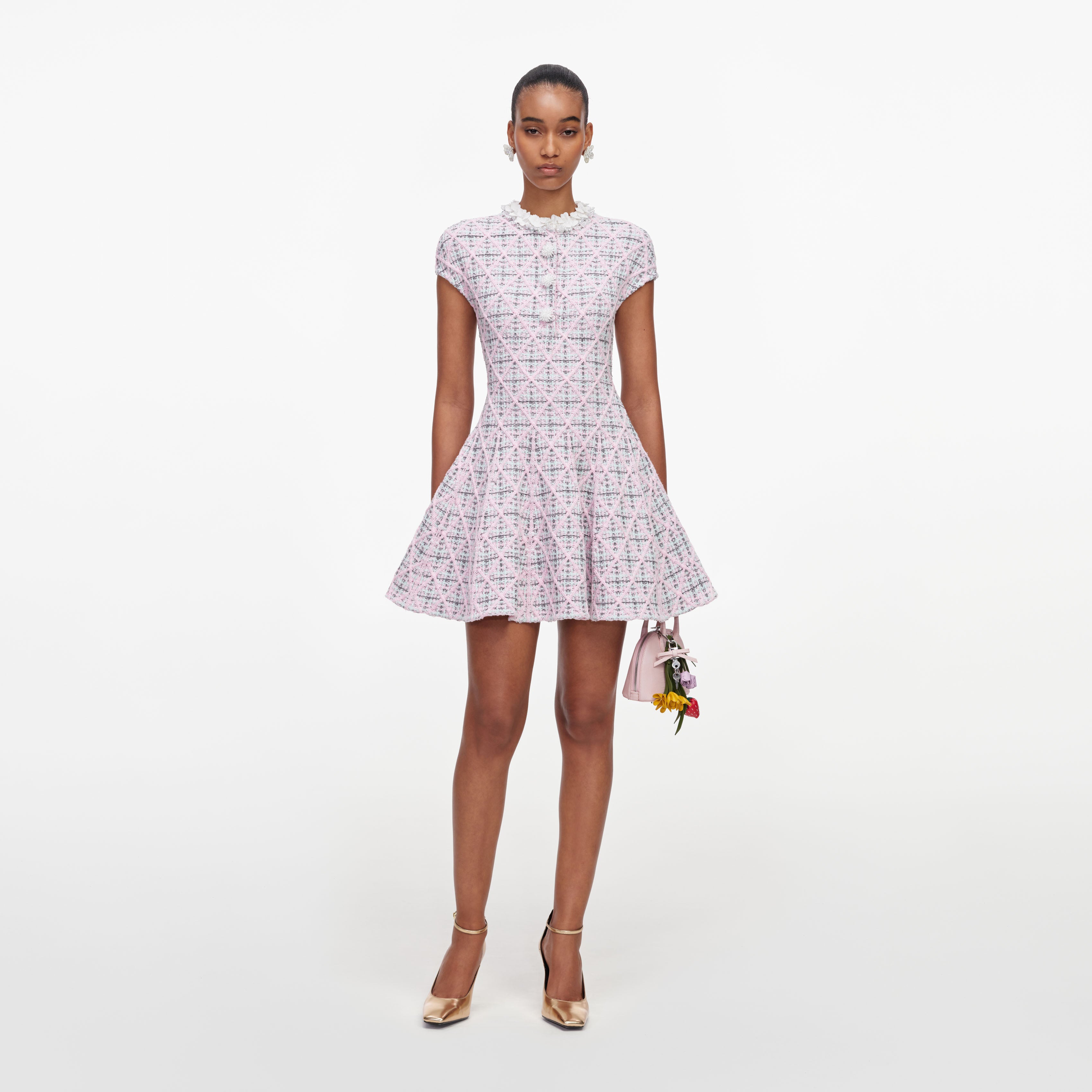 Pink Check Knit Beaded Mini Dress – self-portrait
