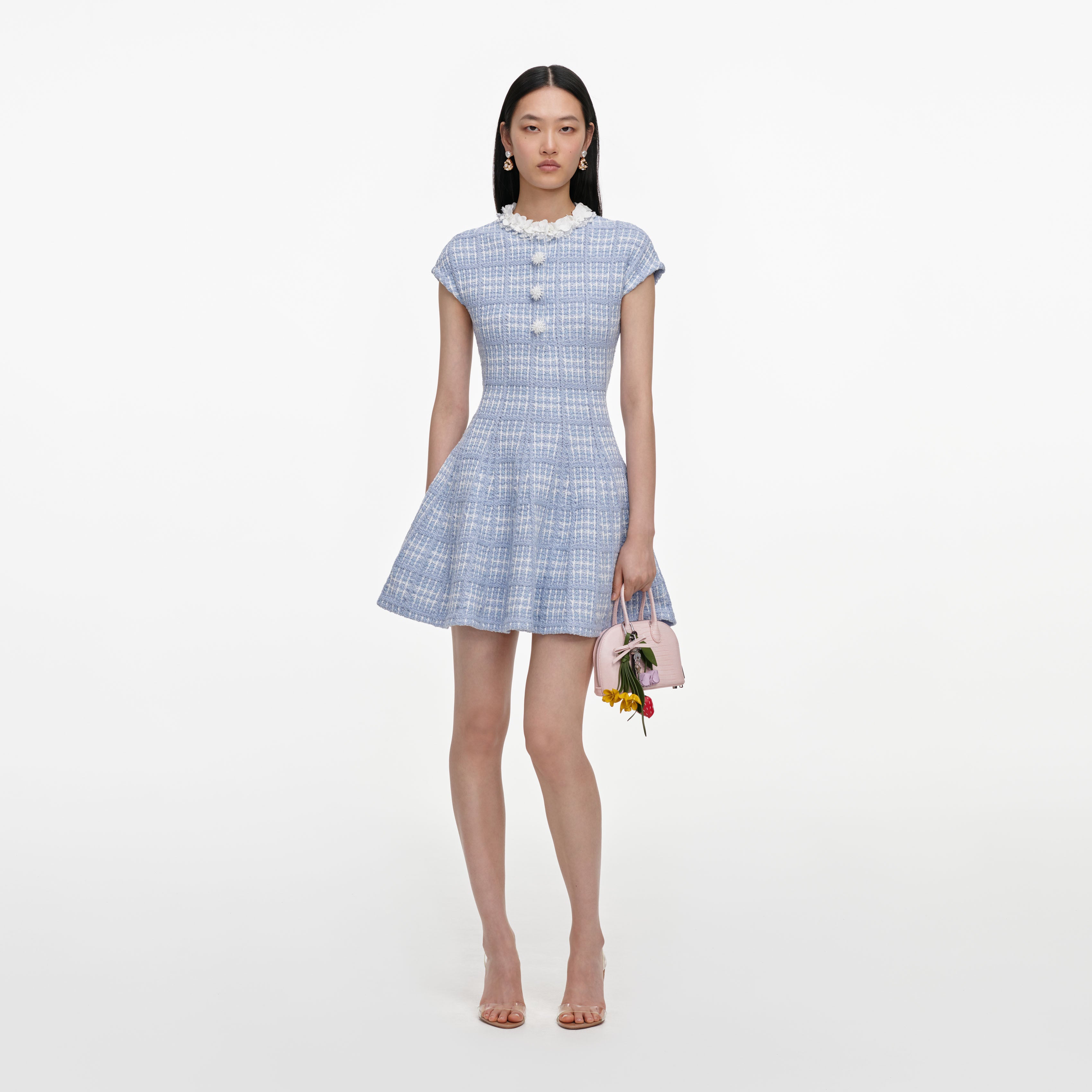 Blue Check Knit Beaded Mini Dress – self-portrait
