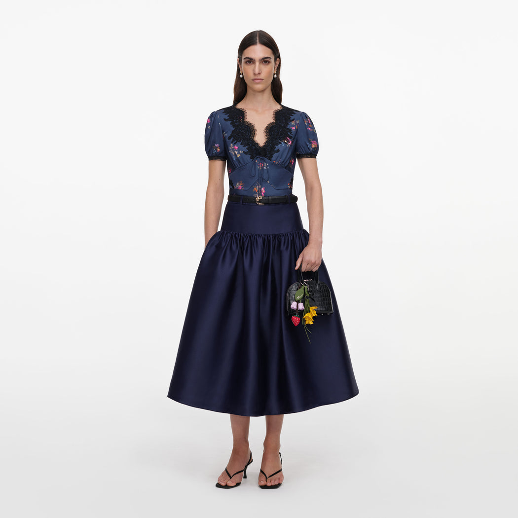 Navy Taffeta Midi Skirt