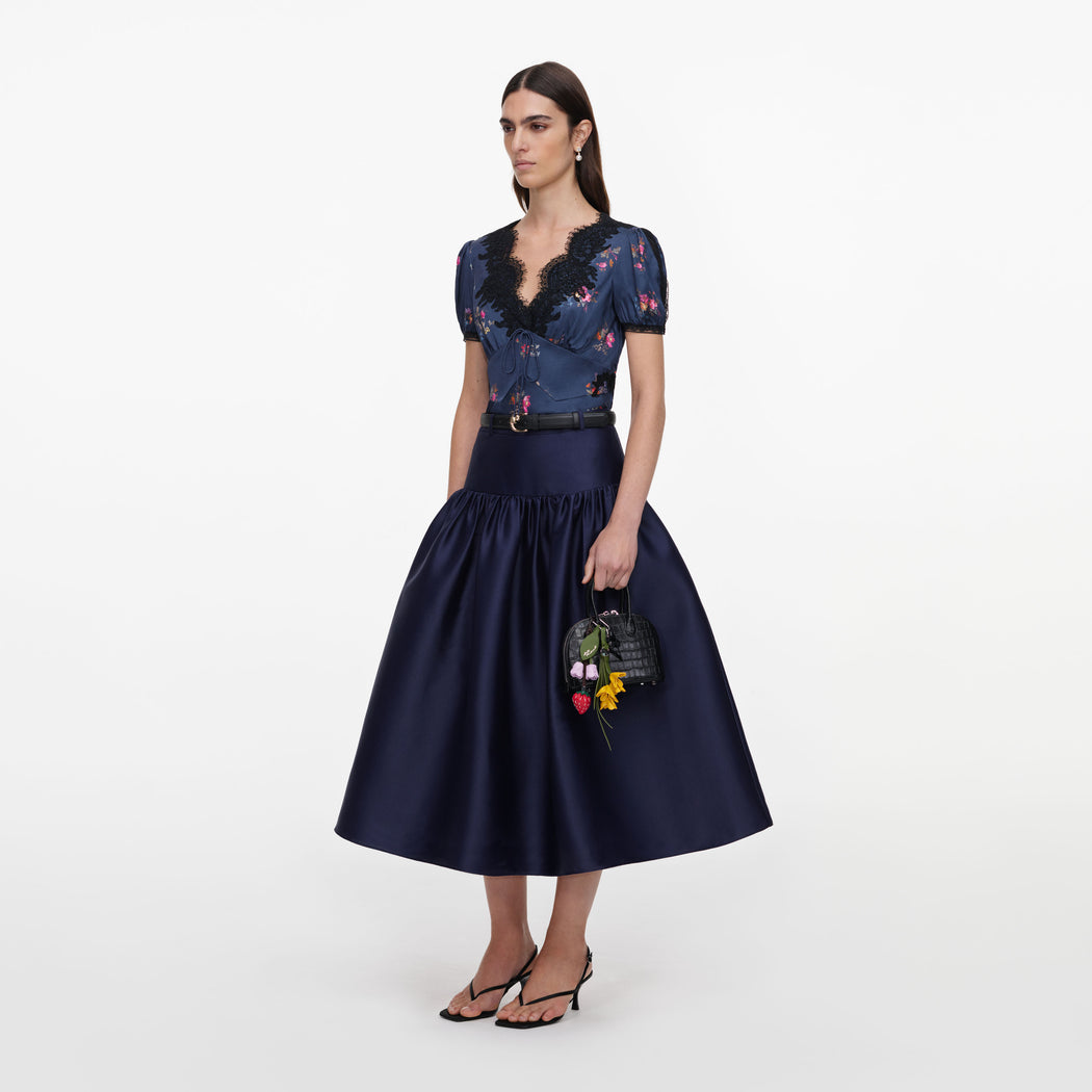 Navy Taffeta Midi Skirt