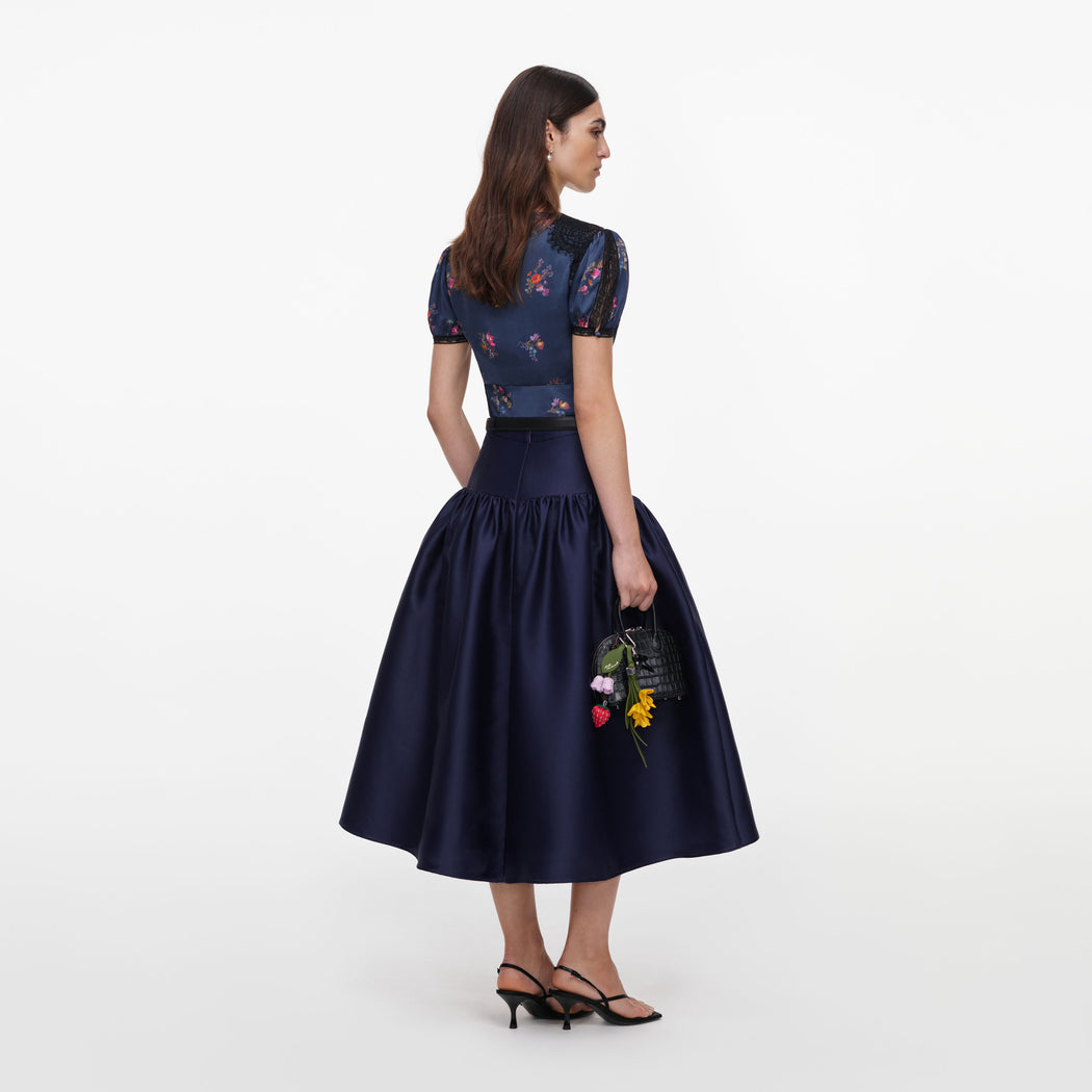 Navy Taffeta Midi Skirt