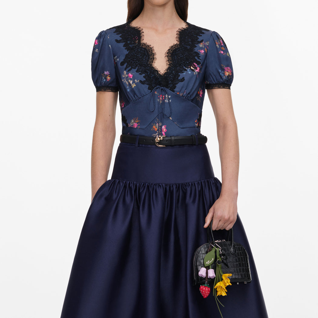 Navy Taffeta Midi Skirt