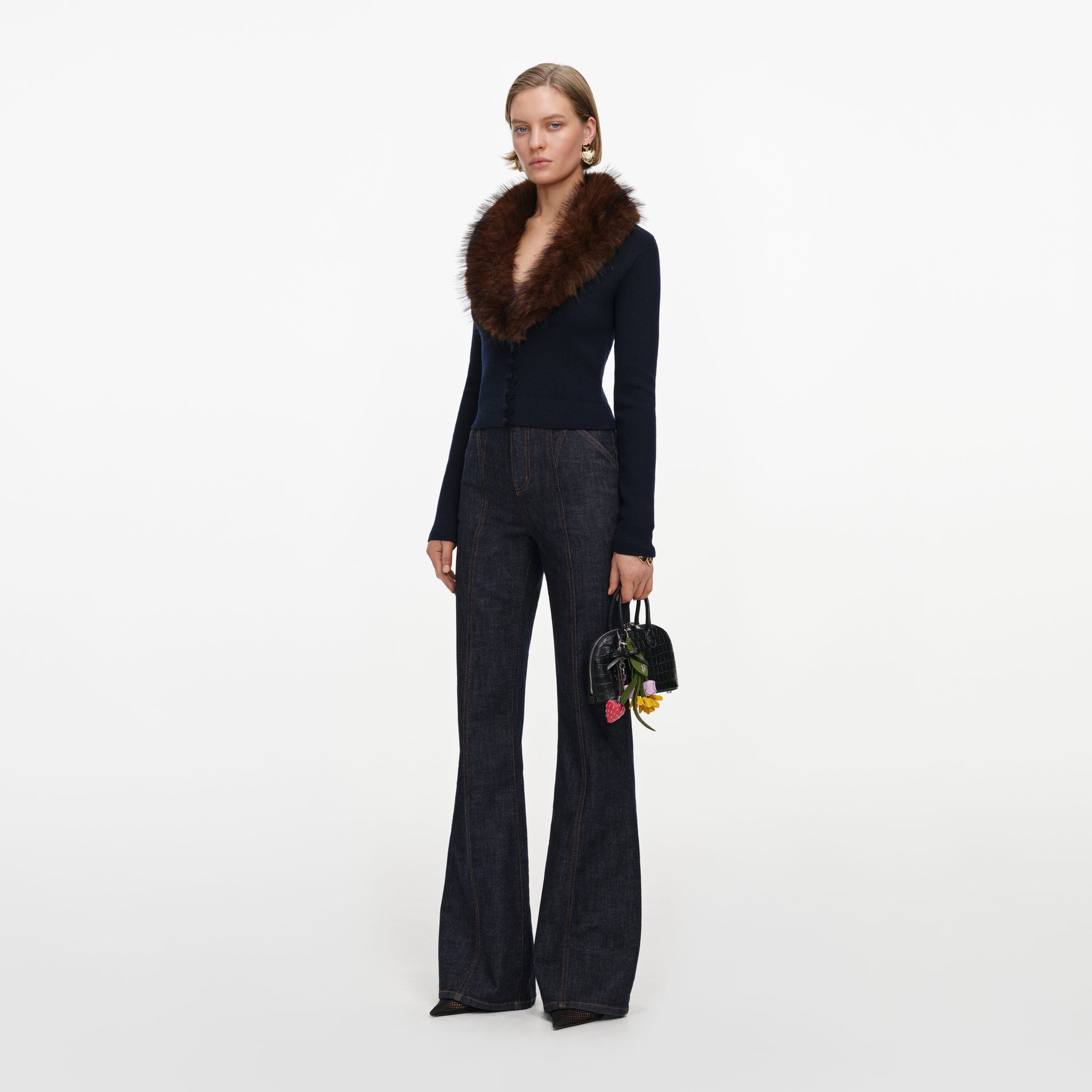 Navy Faux Fur Knit Cardigan