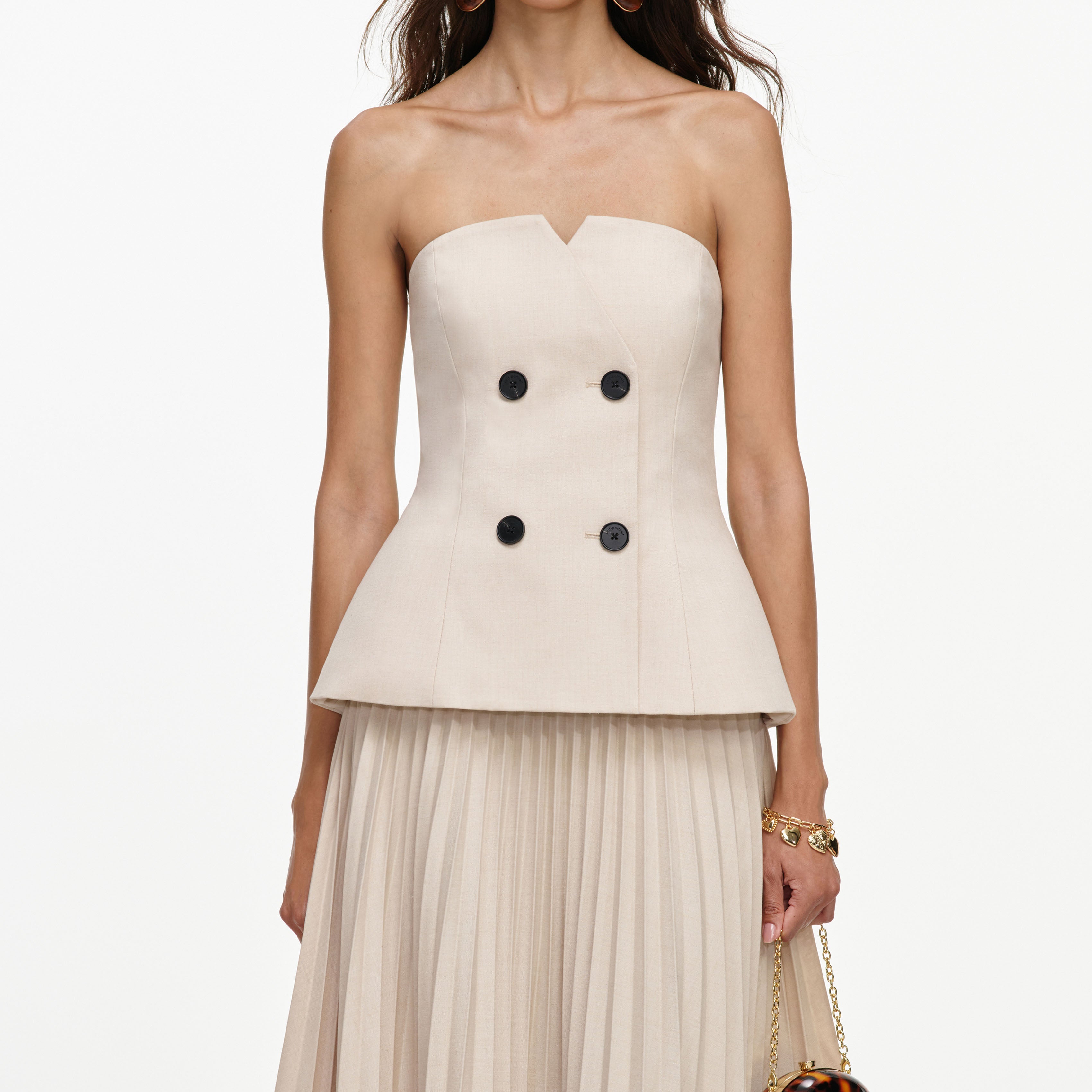 Beige Bandeau Pleated Midi Dress – self-portrait