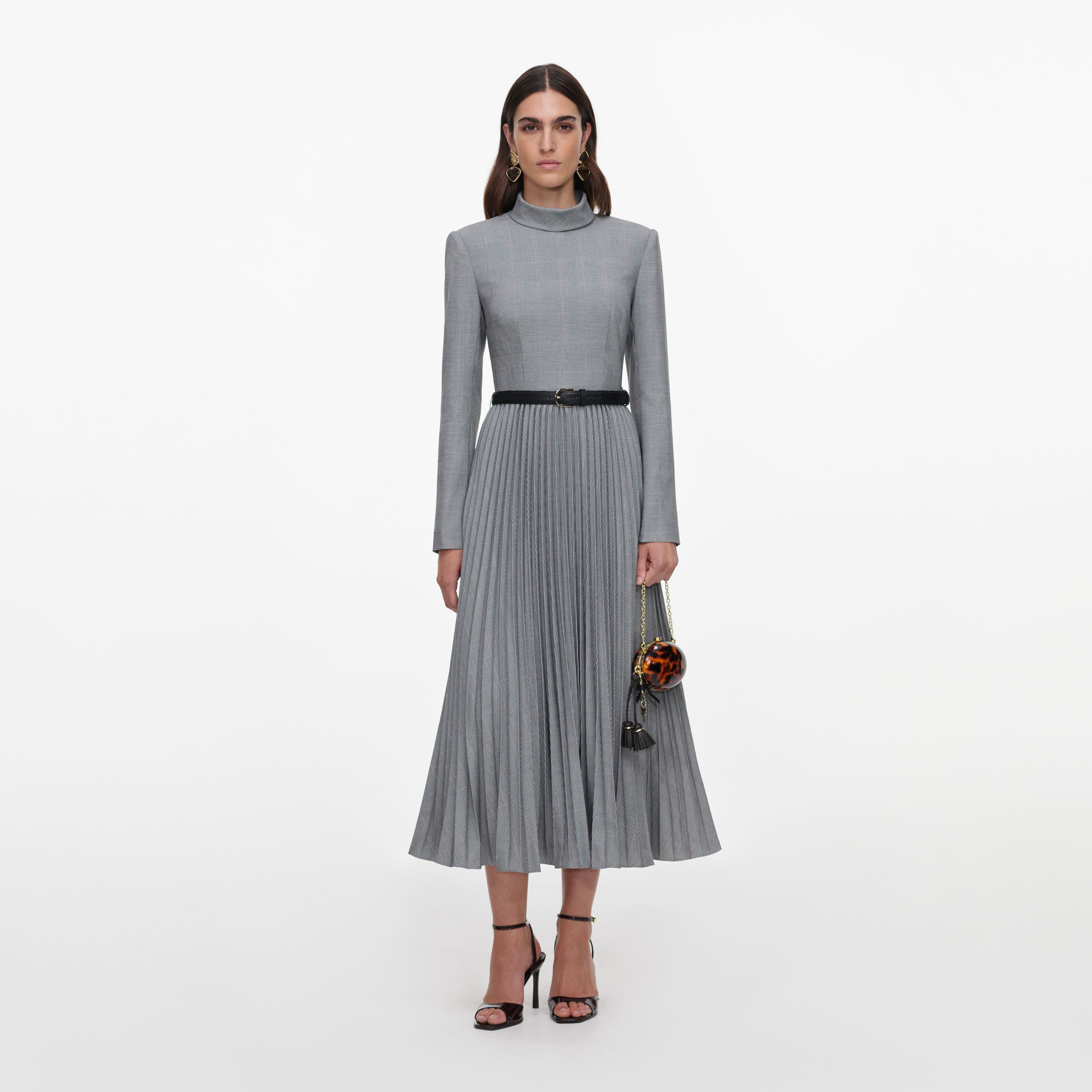 Grey Check Pleated Midi Dress