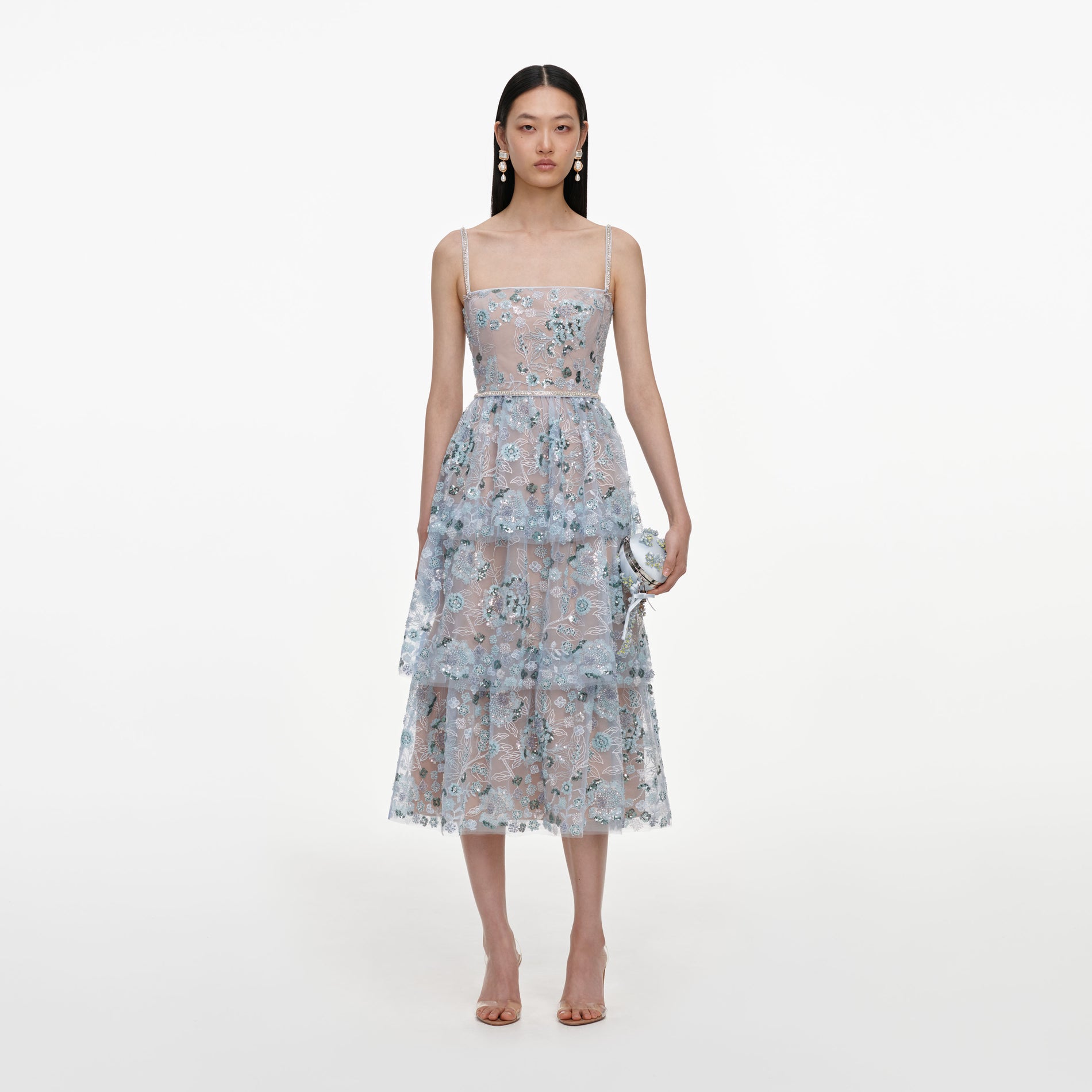 Blue Sequin Embellished Tiered Midi Dress