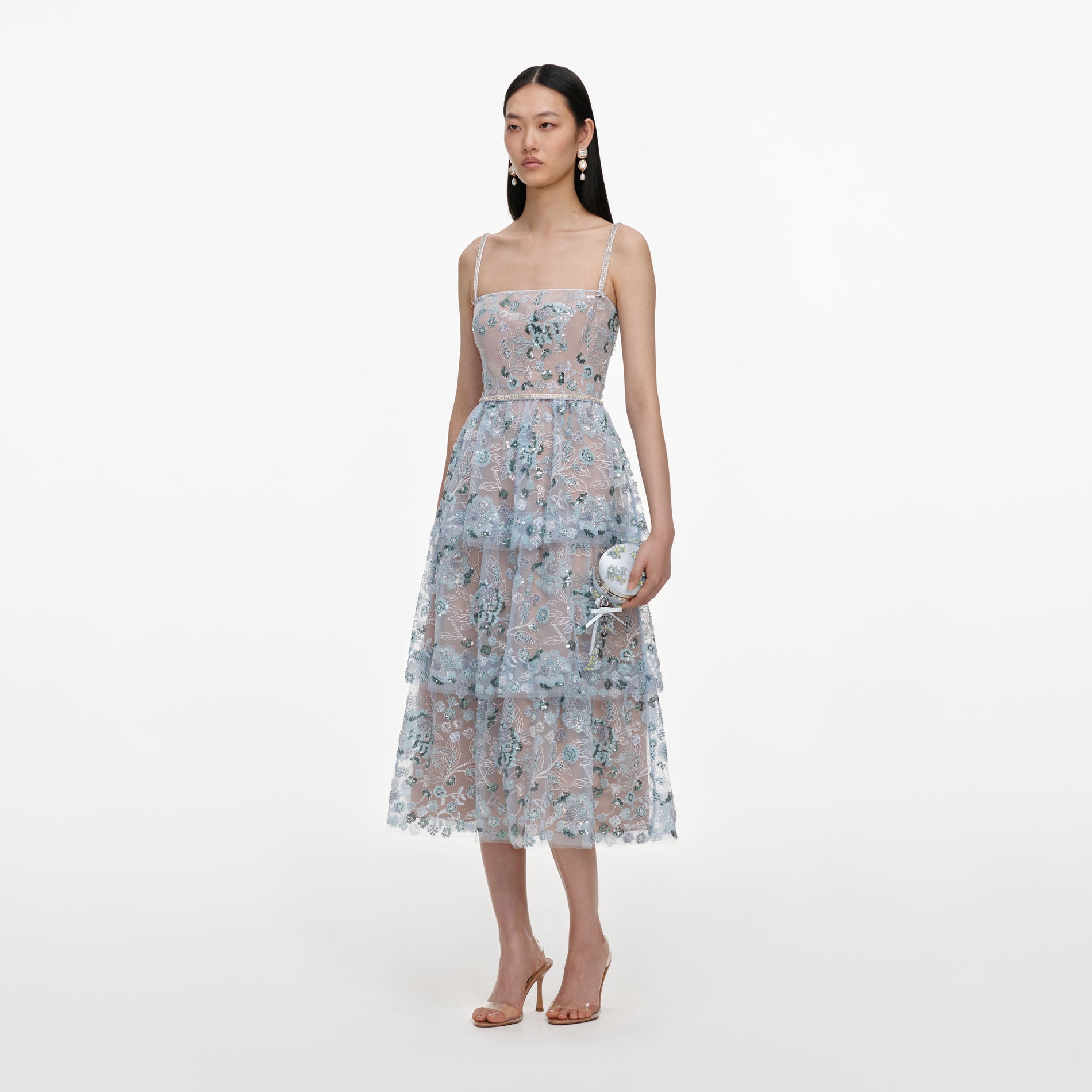 Blue Sequin Embellished Tiered Midi Dress