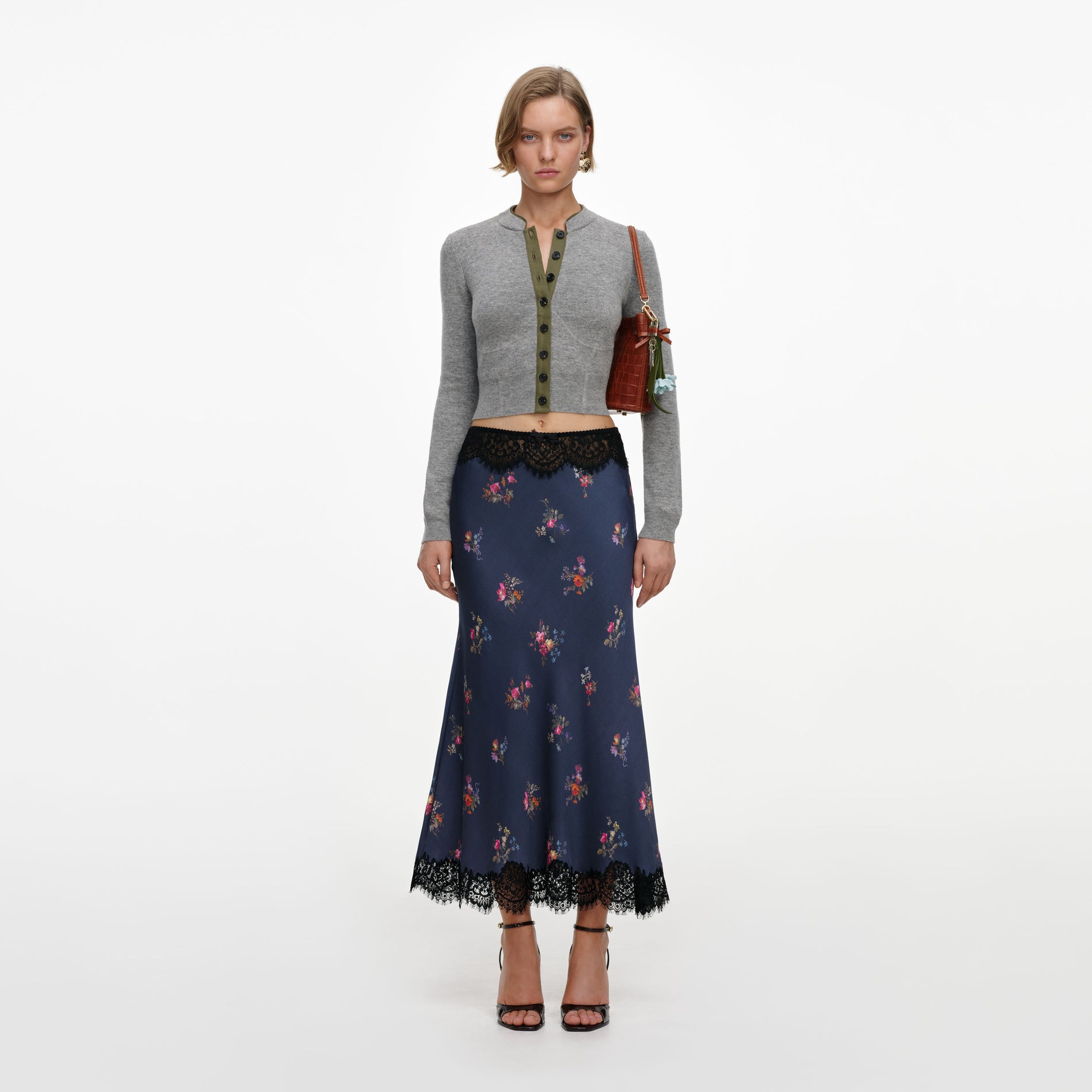 Navy Satin Printed Lace Midi Skirt