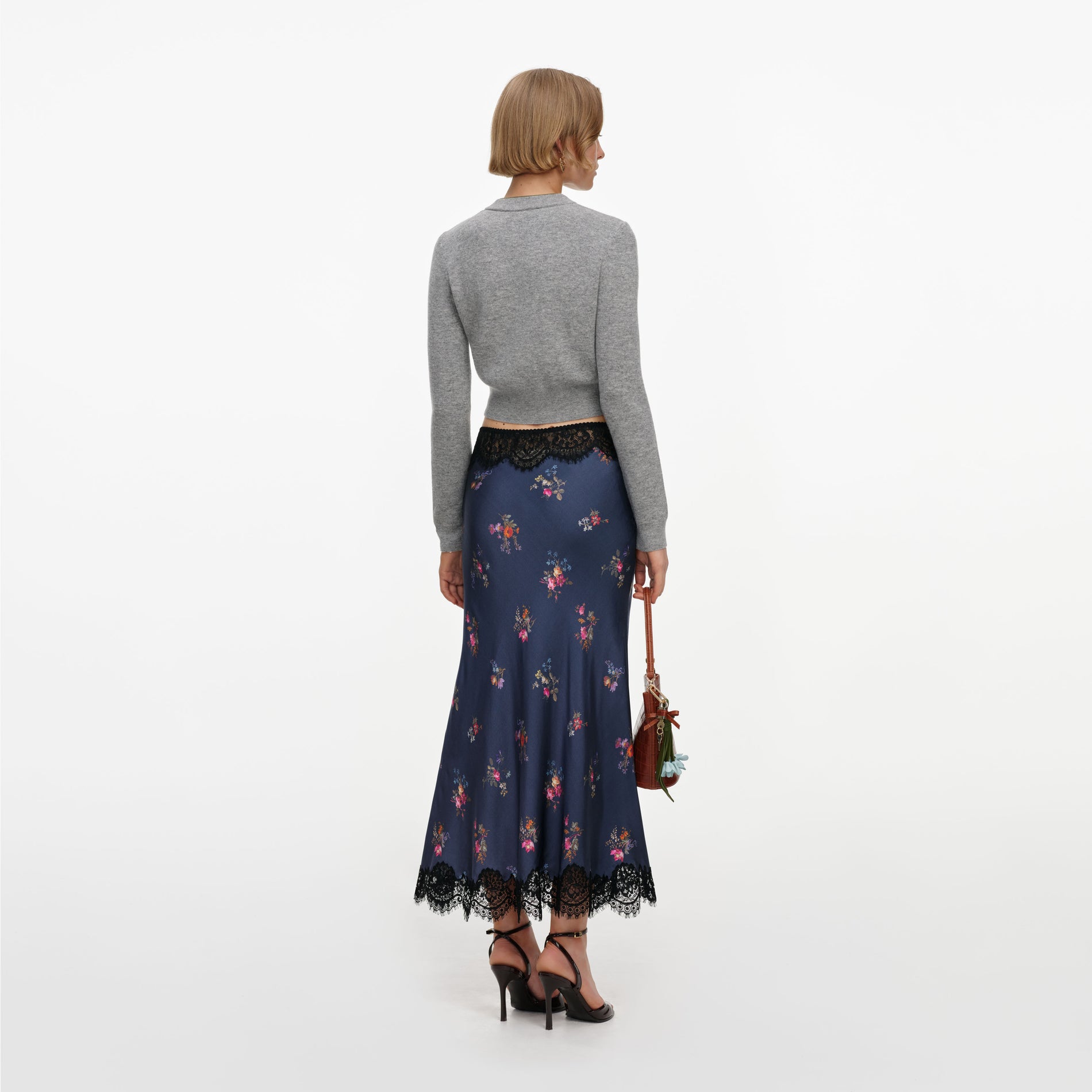 Navy Satin Printed Lace Midi Skirt