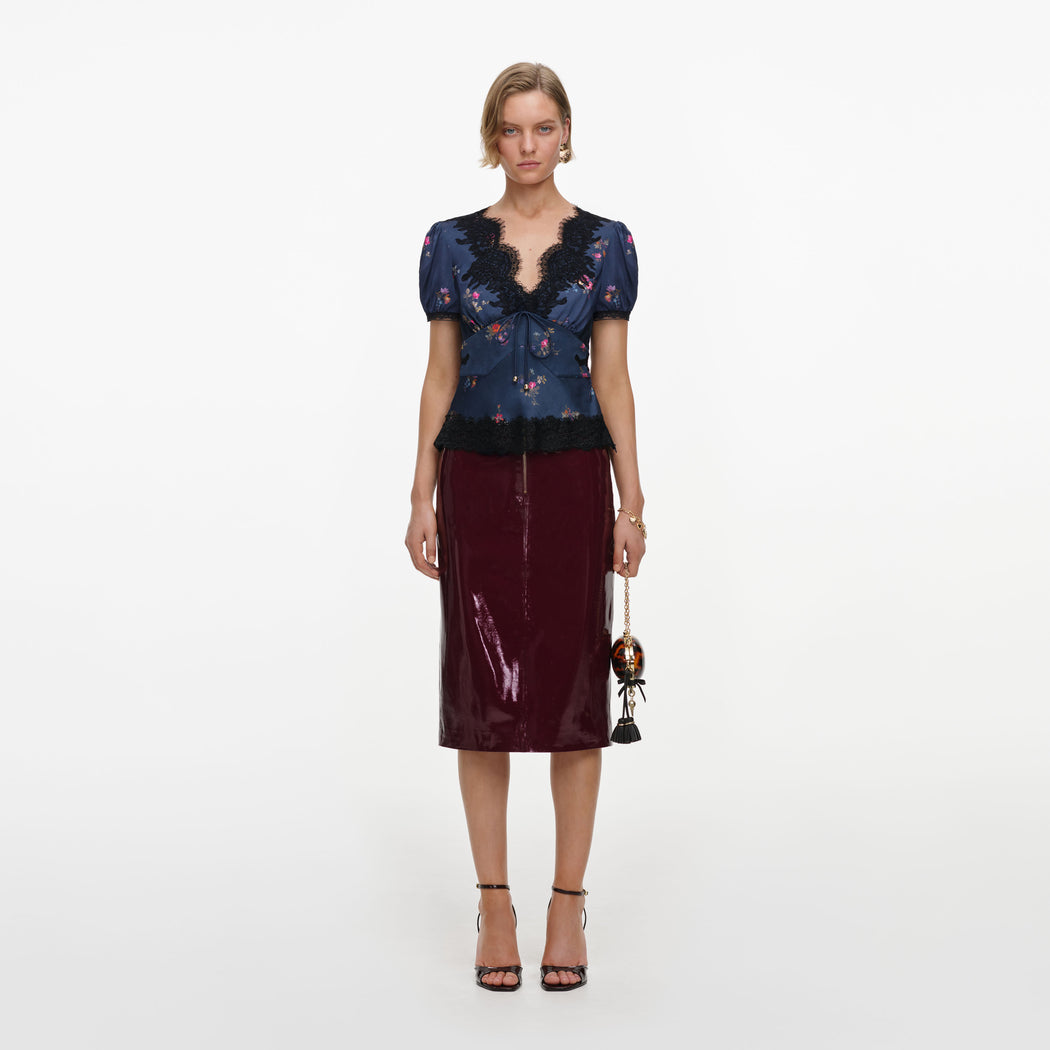 Navy Satin Printed Lace Top
